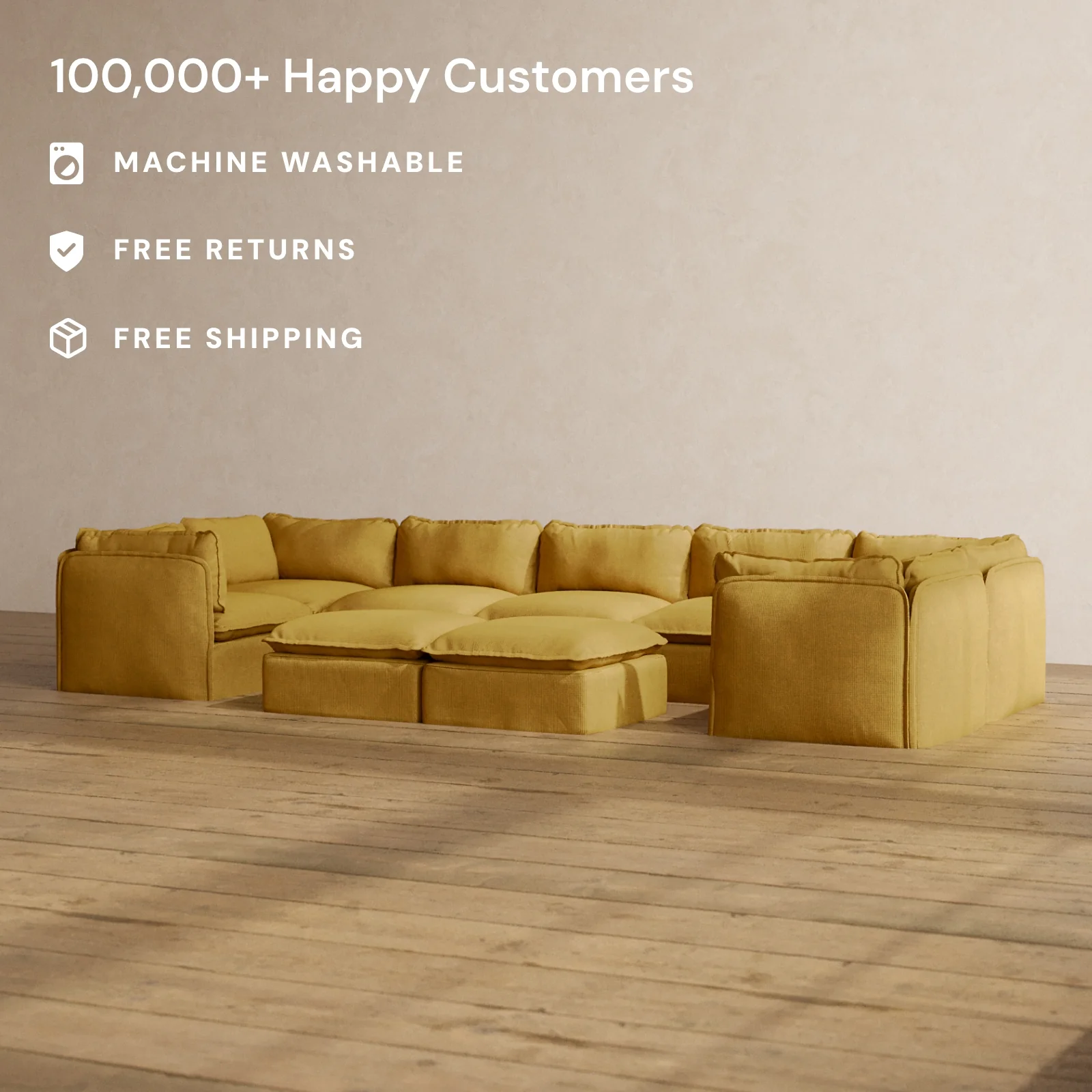 Modular Washable 7-Seater U-Sectional + Bench Ottoman in Kiiro | Deluxe+ Seat | Cloud Pillow - Image 2
