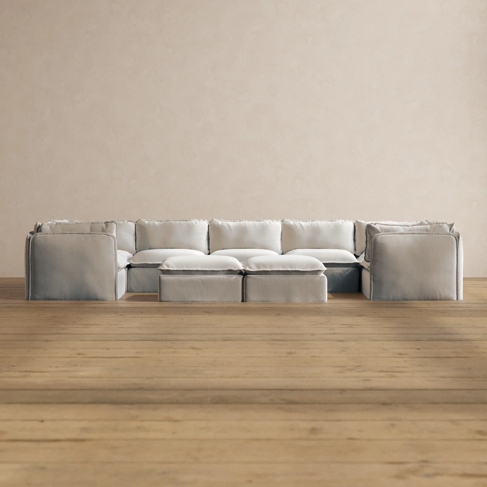 Modular Washable 7-Seater U-Sectional + Bench Ottoman in Milk | Deluxe+ Seat | Cloud Pillow