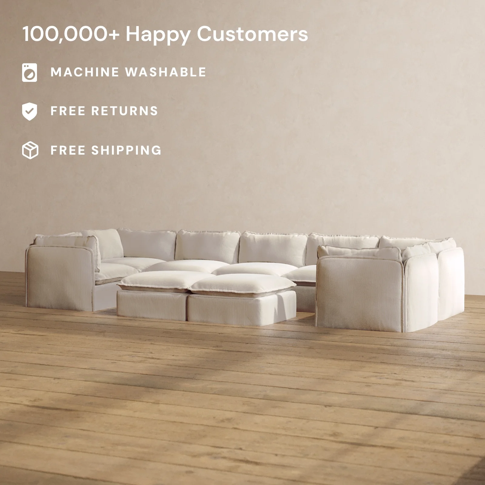 Modular Washable 7-Seater U-Sectional + Bench Ottoman in Milk | Deluxe+ Seat | Cloud Pillow - Image 2