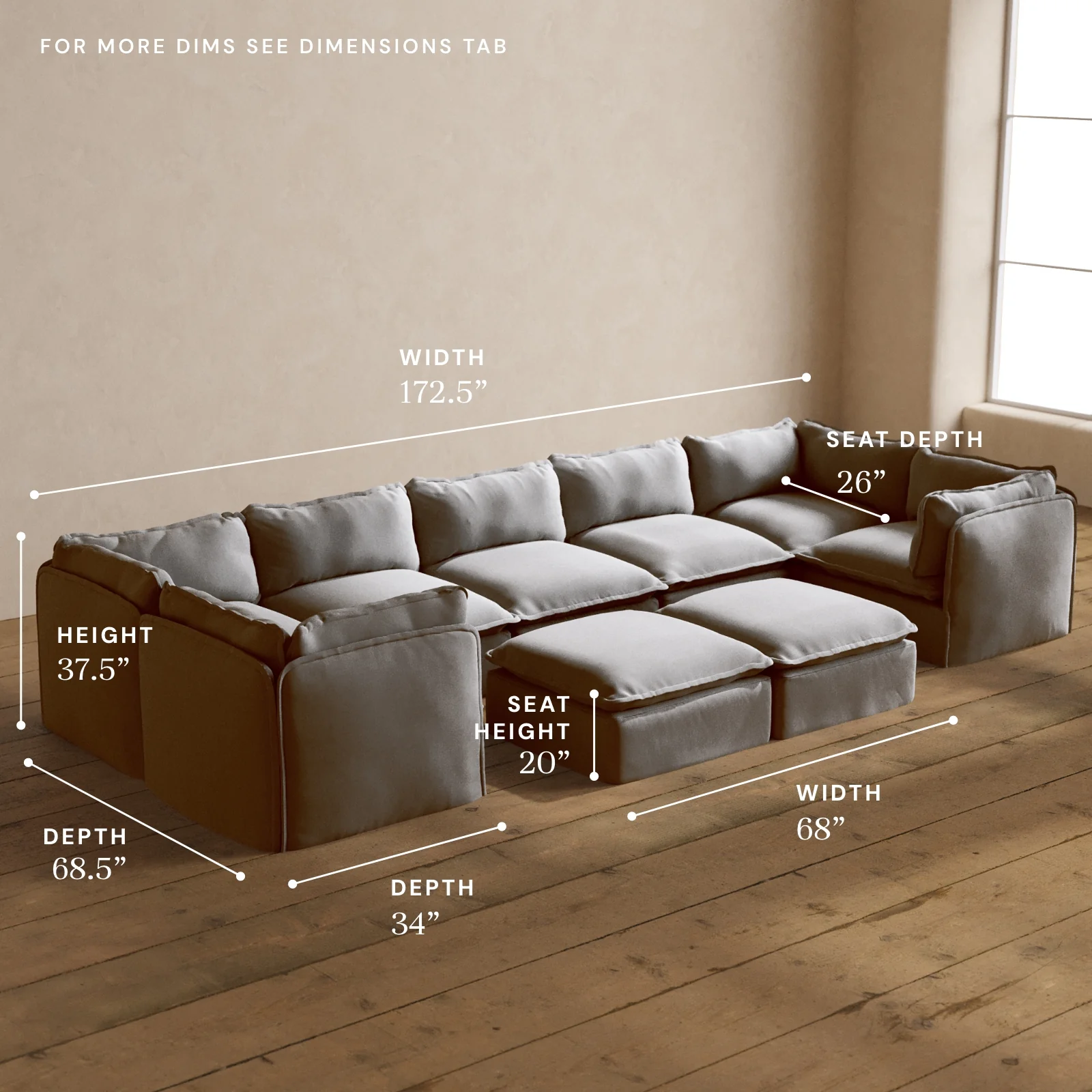 Modular Washable 7-Seater U-Sectional + Bench Ottoman in Pumice | Deluxe+ Seat | Cloud Pillow - Image 5