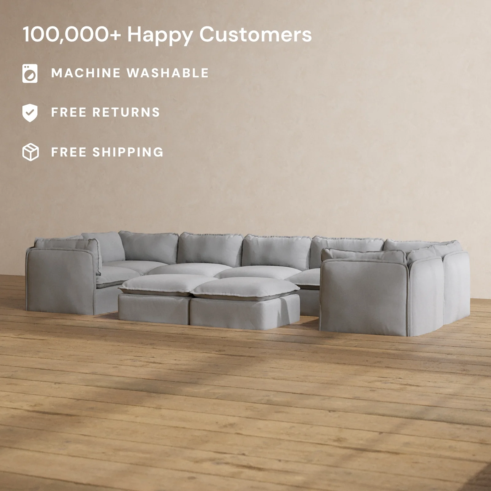 Modular Washable 7-Seater U-Sectional + Bench Ottoman in Pumice | Memorix+ Seat | Contour Pillow - Image 2