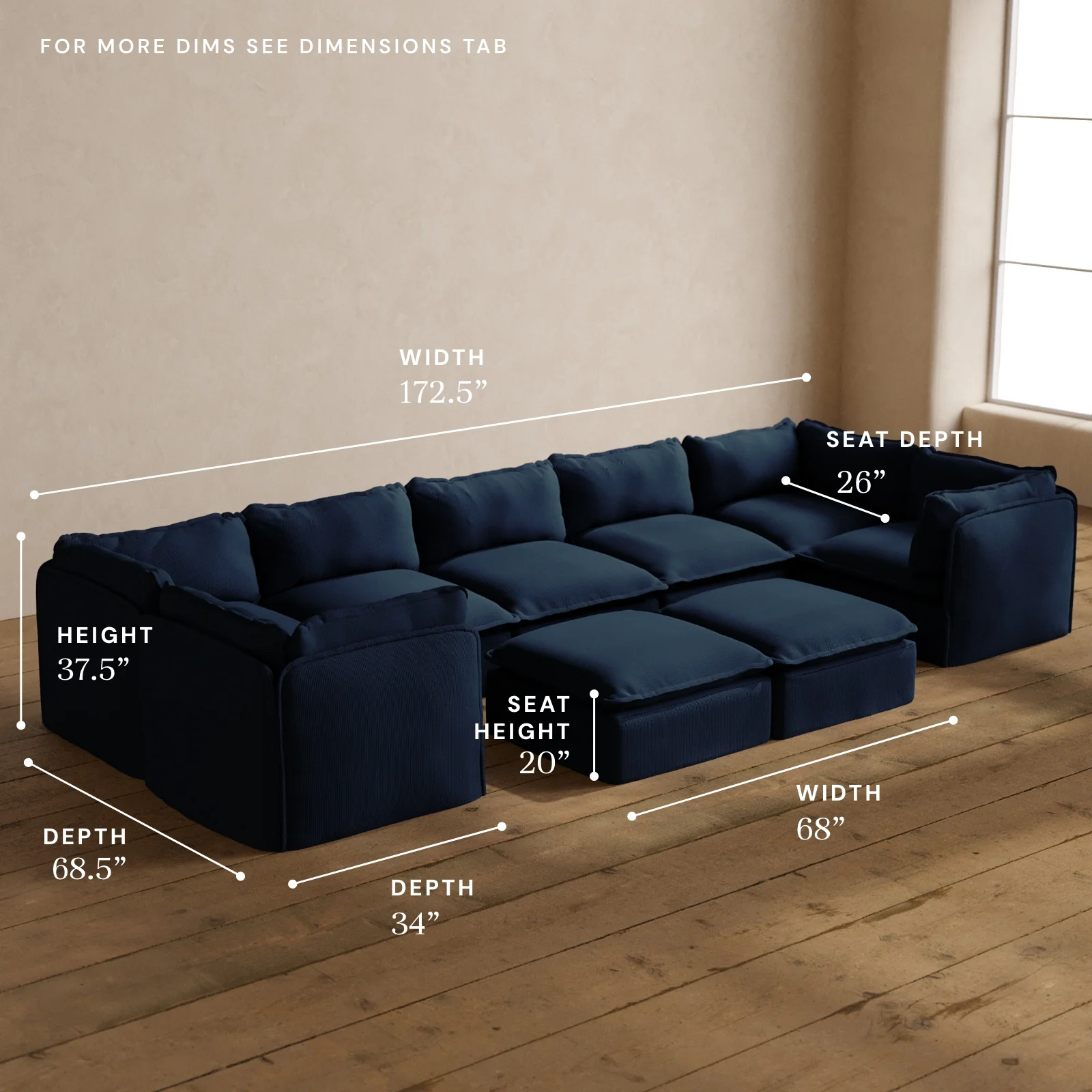 Modular Washable 7-Seater U-Sectional + Bench Ottoman in Sumi | Deluxe+ Seat | Cloud Pillow - Image 5