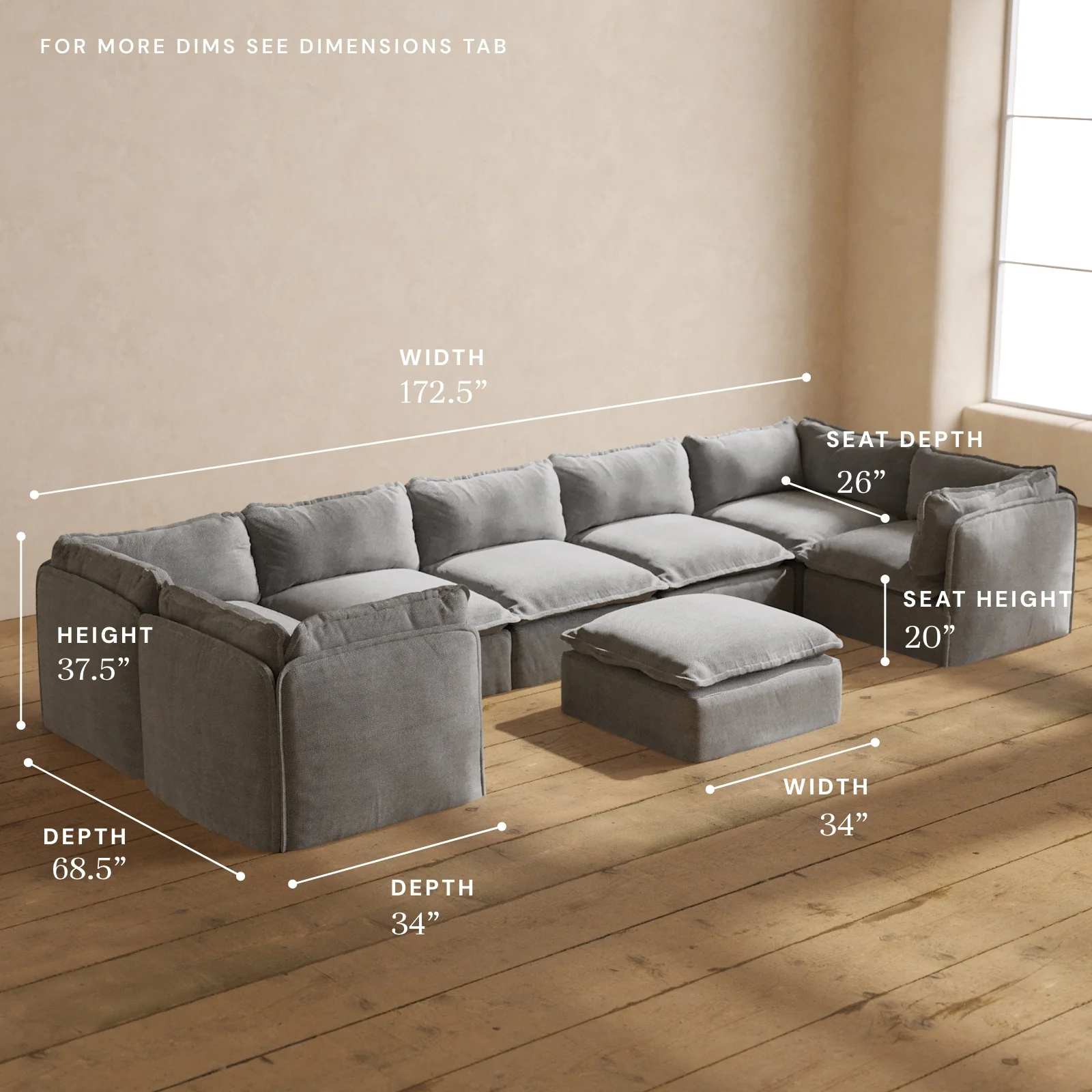 Modular Washable 7-Seater U-Sectional + Ottoman in Ash | Memorix+ Seat | Contour Pillow - Image 5