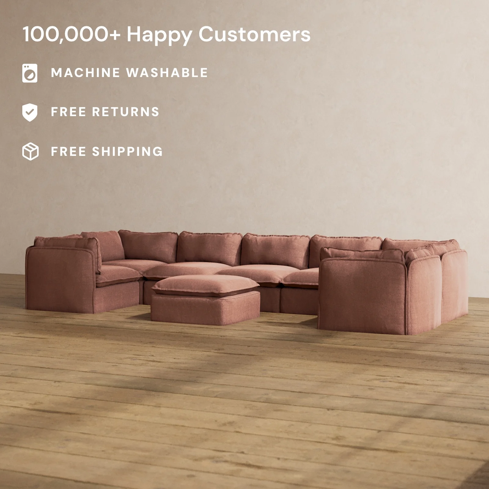 Modular Washable 7-Seater U-Sectional + Ottoman in Chestnut | Memorix+ Seat | Contour Pillow - Image 2