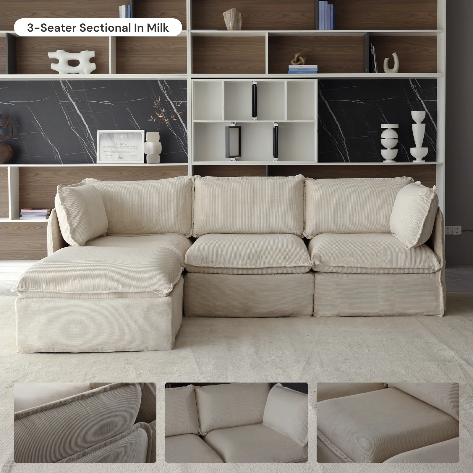 Modular Washable 7-Seater U-Sectional + Ottoman in Milk | Deluxe+ Seat | Cloud Pillow - Image 7
