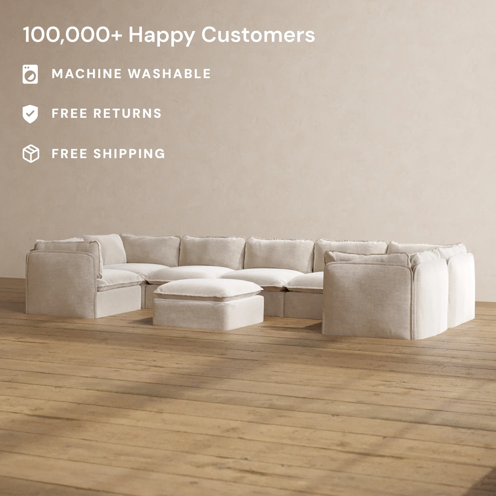 Modular Washable 7-Seater U-Sectional + Ottoman in Mist | Deluxe+ Seat | Cloud Pillow - Image 2