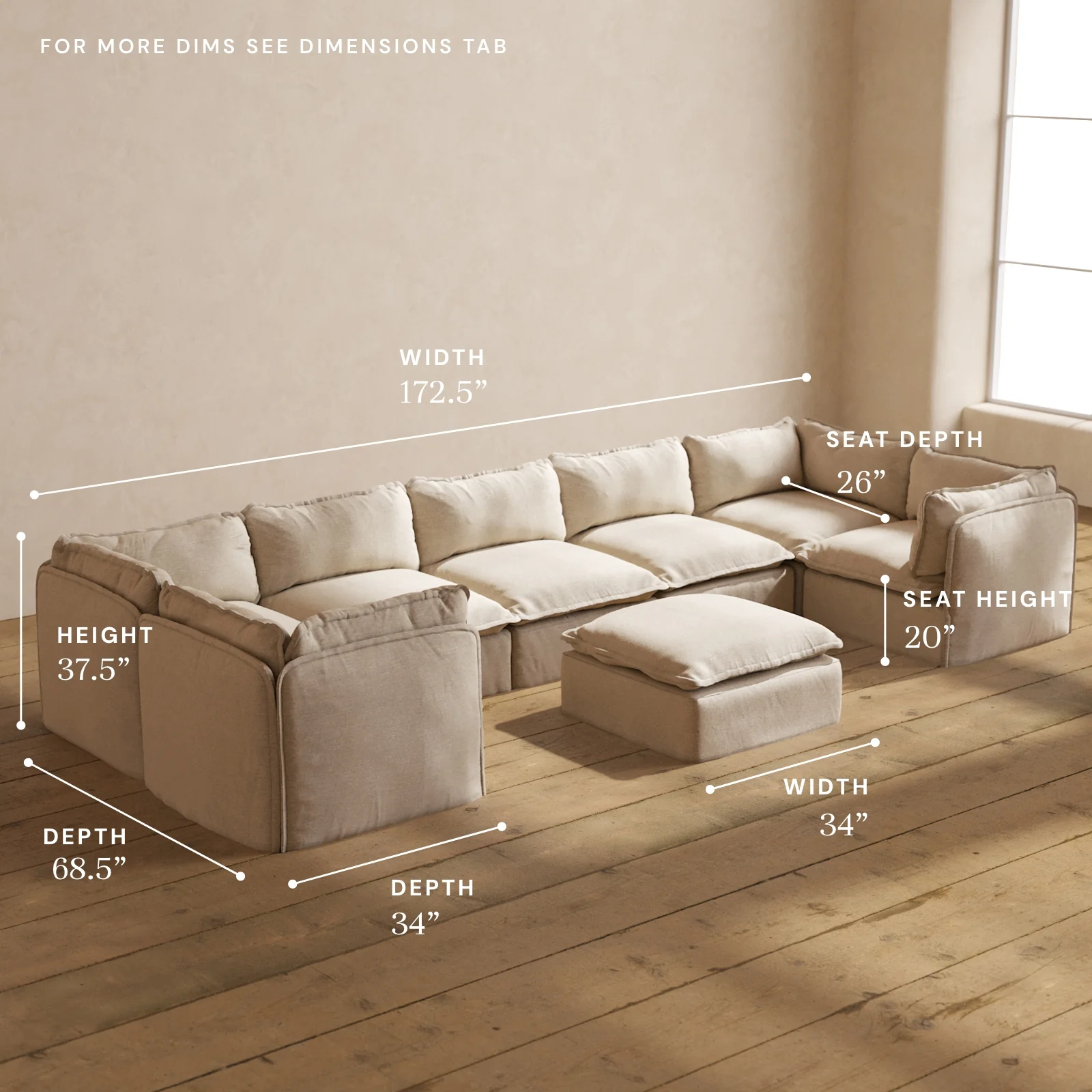 Modular Washable 7-Seater U-Sectional + Ottoman in Oat | Deluxe+ Seat | Cloud Pillow - Image 5
