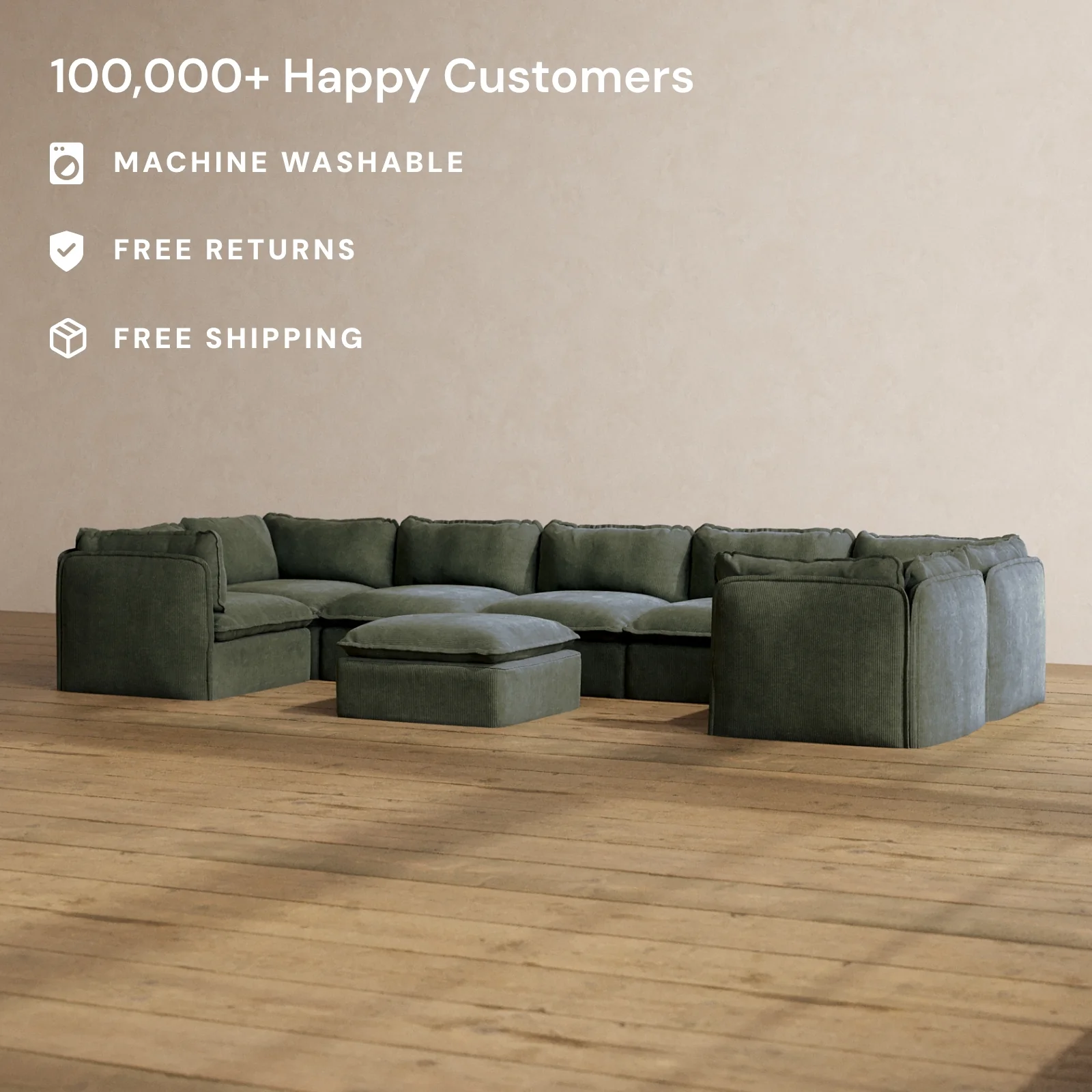 Modular Washable 7-Seater U-Sectional + Ottoman in Olivine | Deluxe+ Seat | Cloud Pillow - Image 2