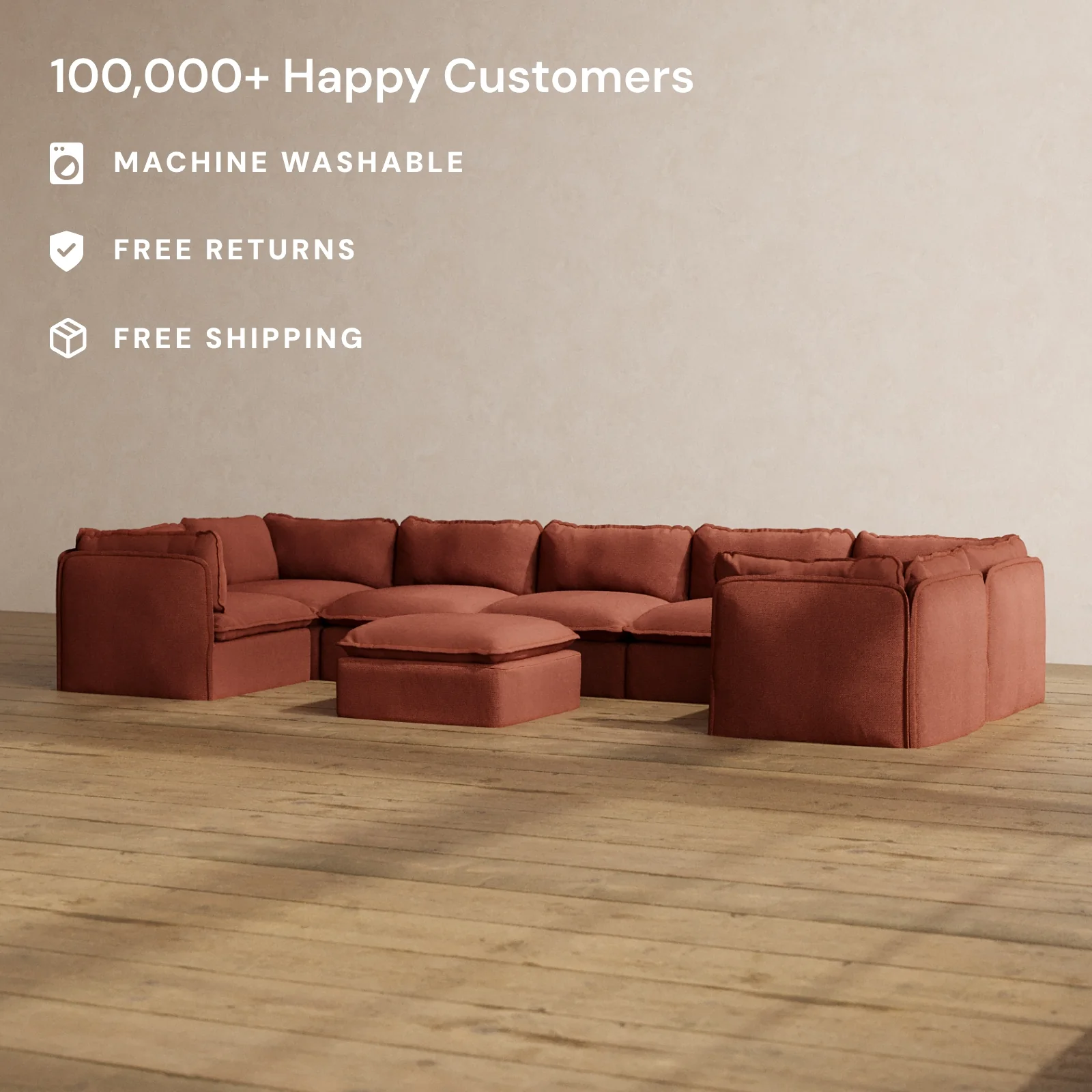 Modular Washable 7-Seater U-Sectional + Ottoman in Rust | Memorix+ Seat | Contour Pillow - Image 2
