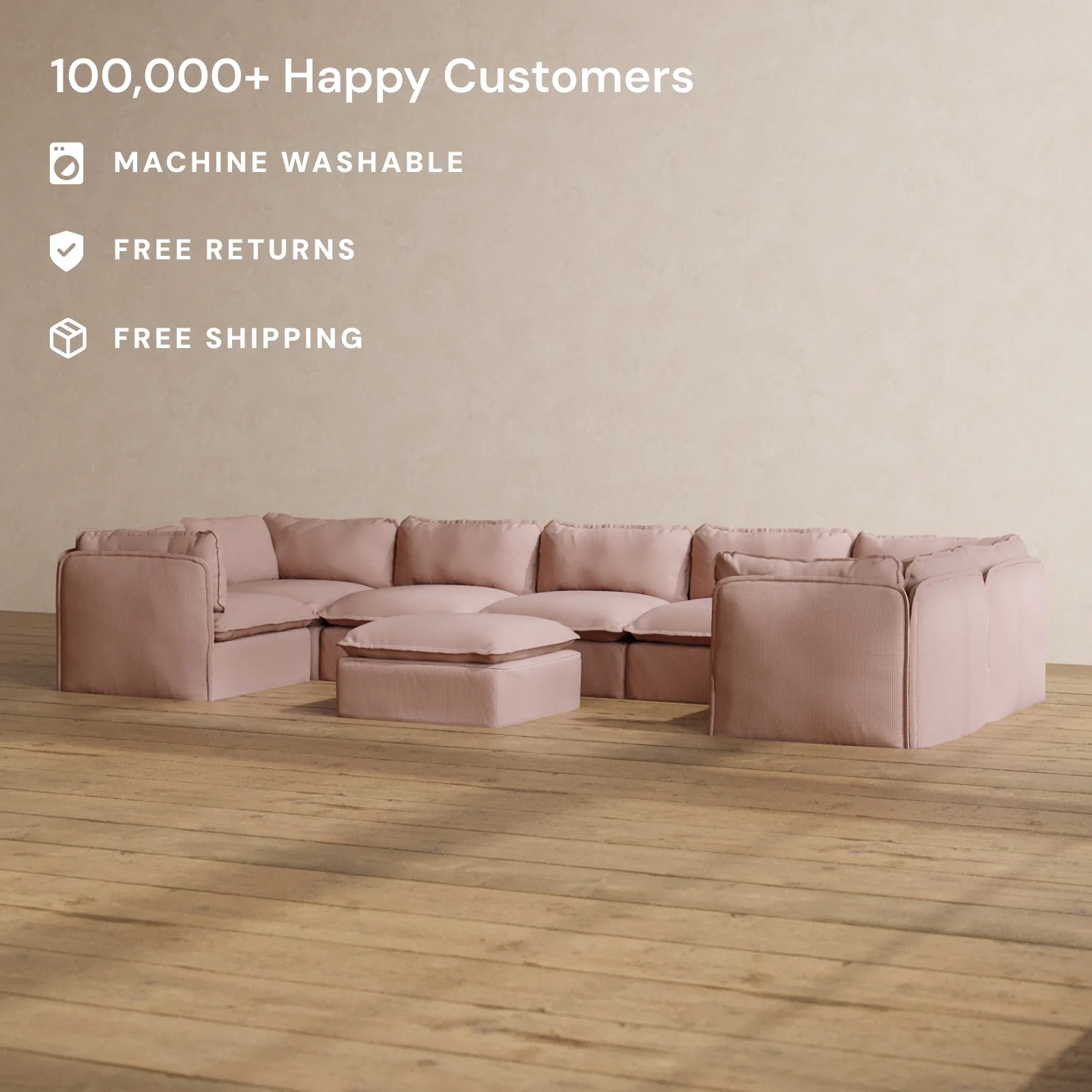 Modular Washable 7-Seater U-Sectional + Ottoman in Sakura | Deluxe+ Seat | Cloud Pillow - Image 2