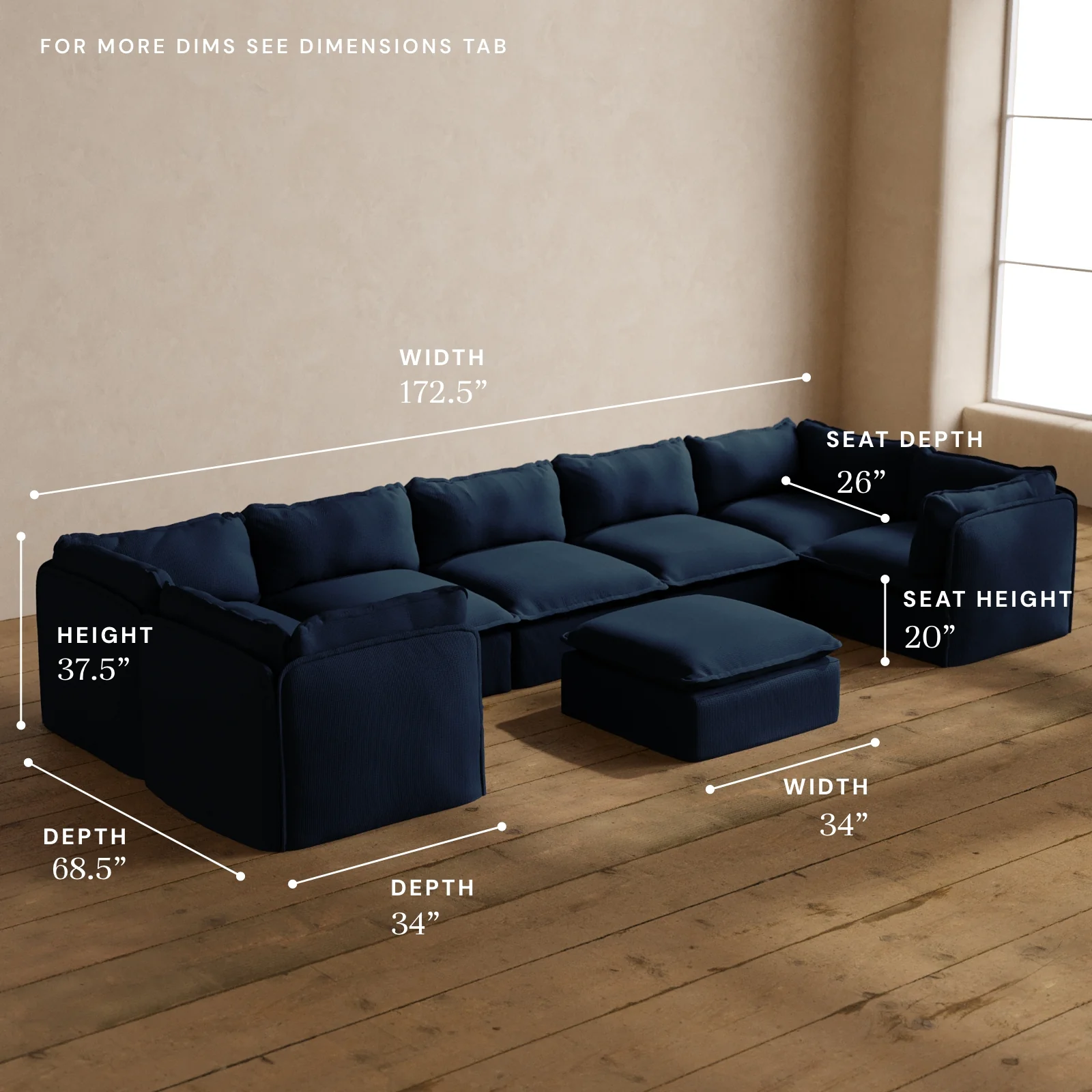 Modular Washable 7-Seater U-Sectional + Ottoman in Sumi | Deluxe+ Seat | Cloud Pillow - Image 5