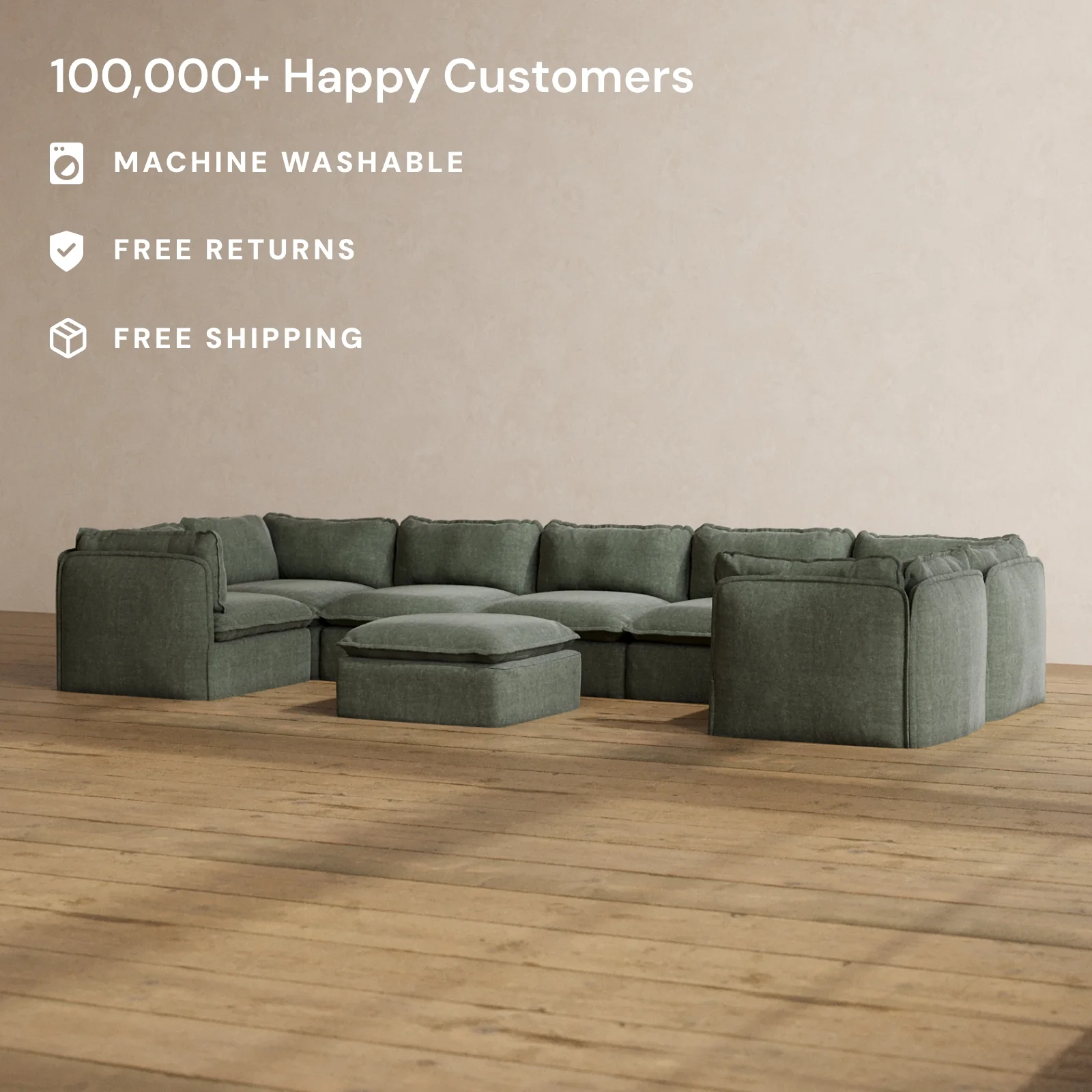 Modular Washable 7-Seater U-Sectional + Ottoman in Willow | Deluxe+ Seat | Cloud Pillow - Image 2