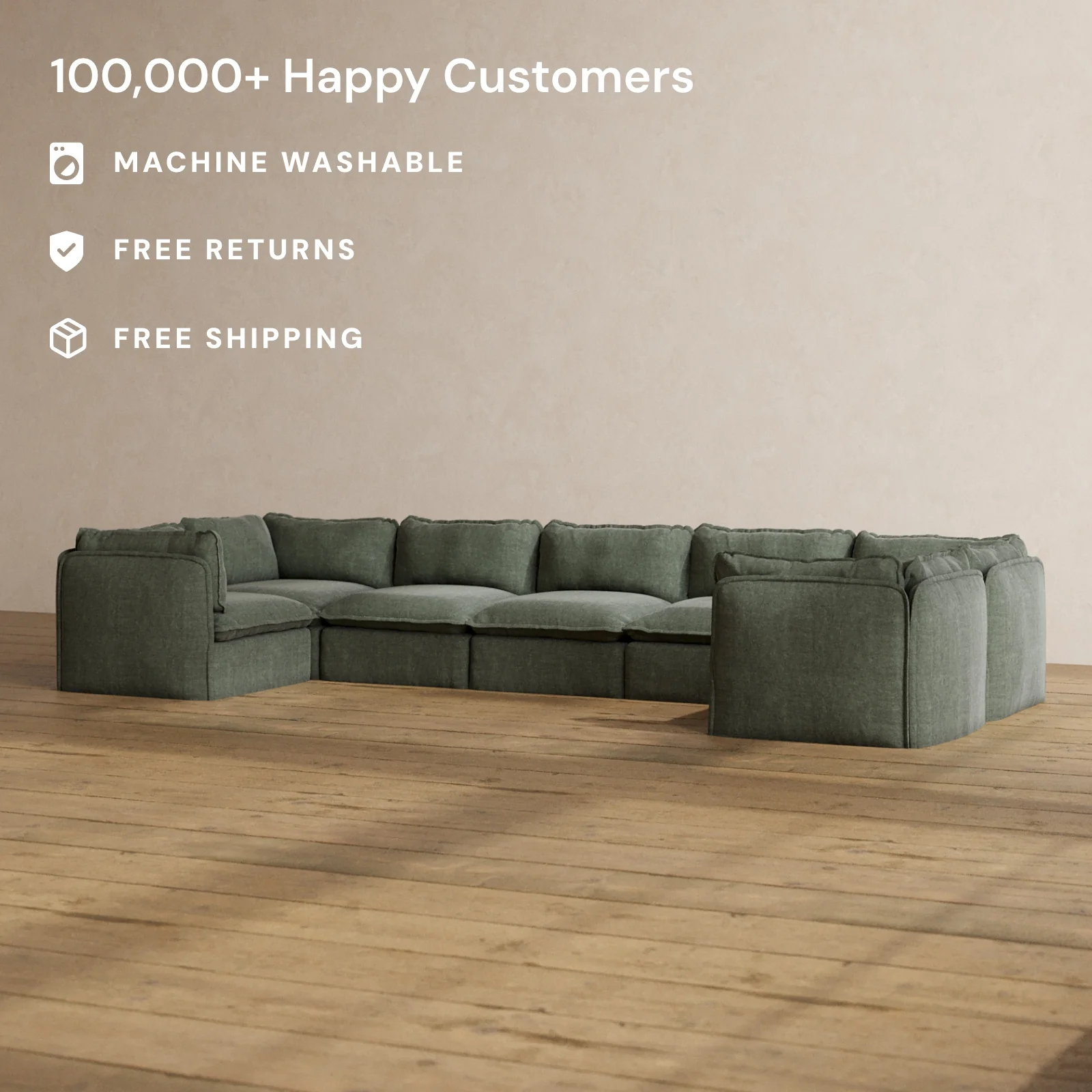 Modular Washable 7-Seater U-Sectional in Willow | Memorix+ Seat | Contour Pillow - Image 2
