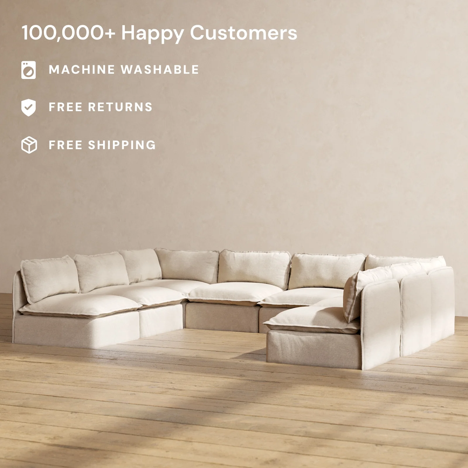 Modular Washable 8-Seater Open-Ends U-Sectional in Oat | Memorix+ Seat | Contour Pillow - Image 2