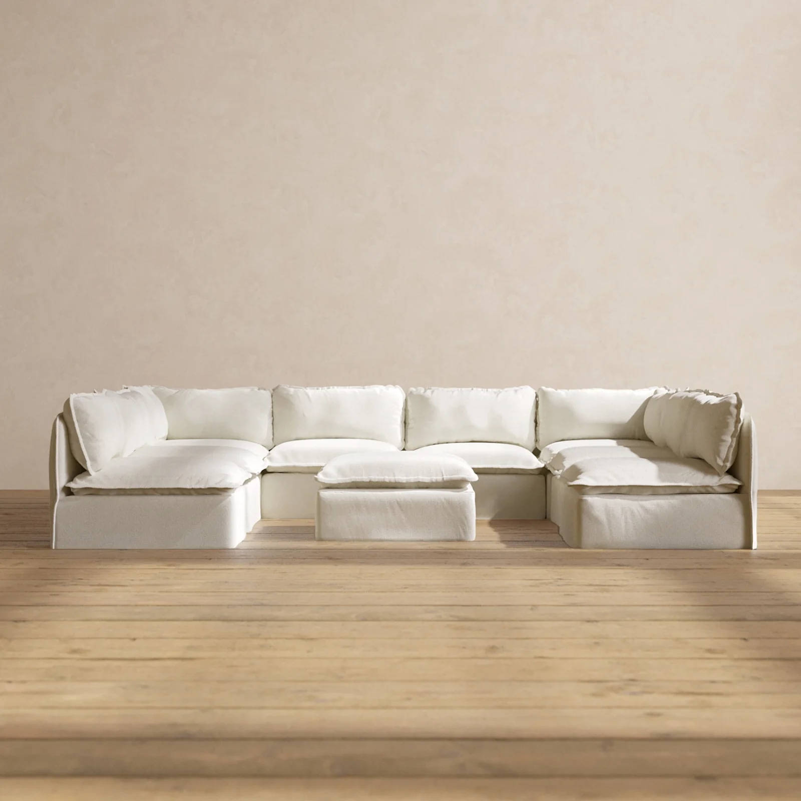 Modular Washable 8-Seater Open-Ends U-Sectional + Ottoman in Eggshell | Memorix+ Seat | Contour Pillow
