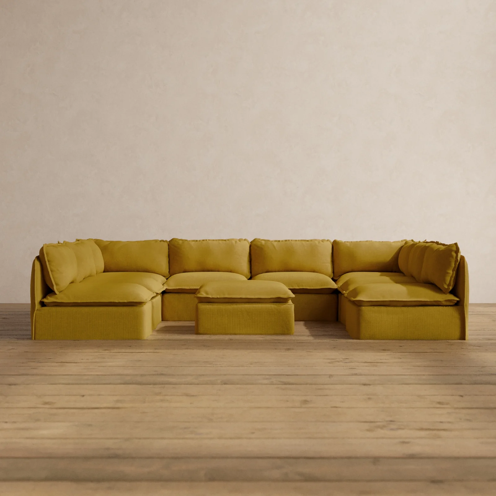 Modular Washable 8-Seater Open-Ends U-Sectional + Ottoman in Kiiro | Deluxe+ Seat | Cloud Pillow