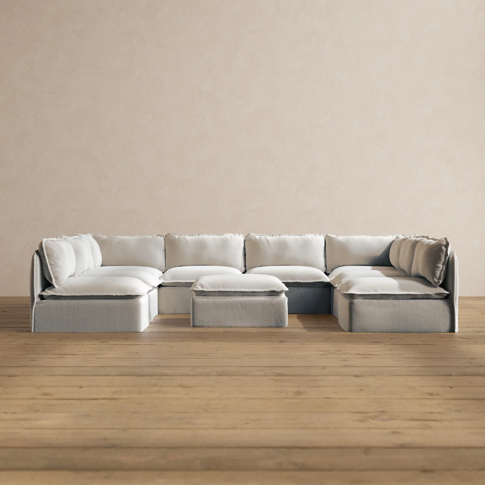 Modular Washable 8-Seater Open-Ends U-Sectional + Ottoman in Milk | Deluxe+ Seat | Cloud Pillow