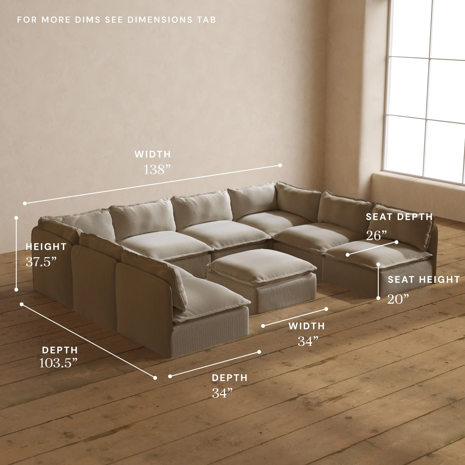 Modular Washable 8-Seater Open-Ends U-Sectional + Ottoman in Milk | Deluxe+ Seat | Cloud Pillow - Image 5