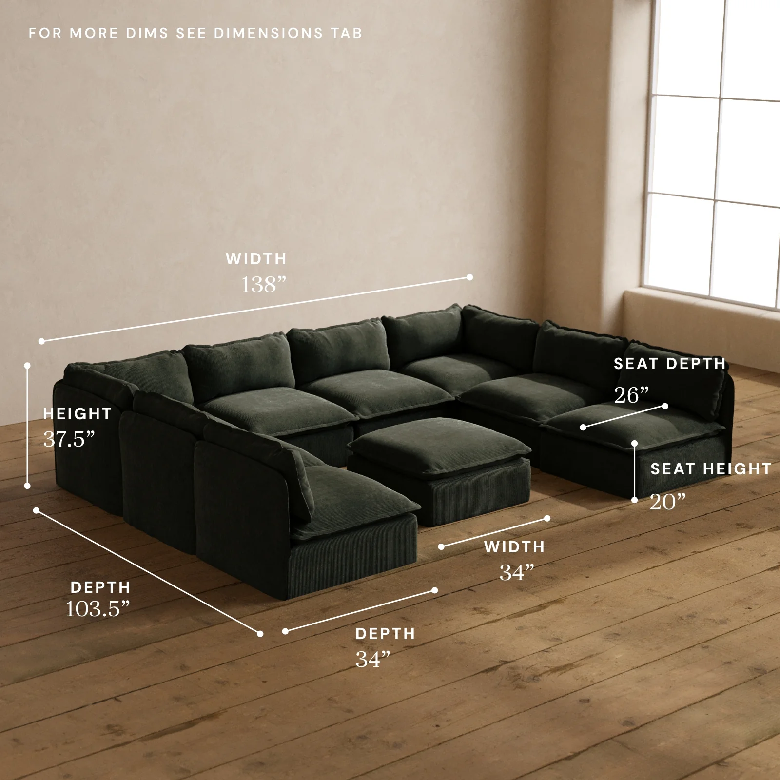 Modular Washable 8-Seater Open-Ends U-Sectional + Ottoman in Olivine | Deluxe+ Seat | Cloud Pillow - Image 5