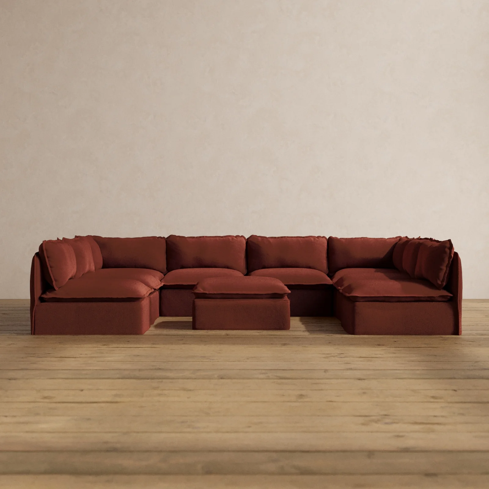 Modular Washable 8-Seater Open-Ends U-Sectional + Ottoman in Rust | Memorix+ Seat | Contour Pillow
