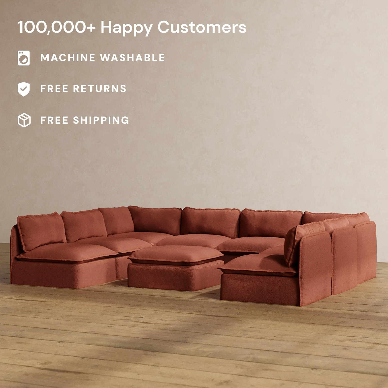 Modular Washable 8-Seater Open-Ends U-Sectional + Ottoman in Rust | Memorix+ Seat | Contour Pillow - Image 2