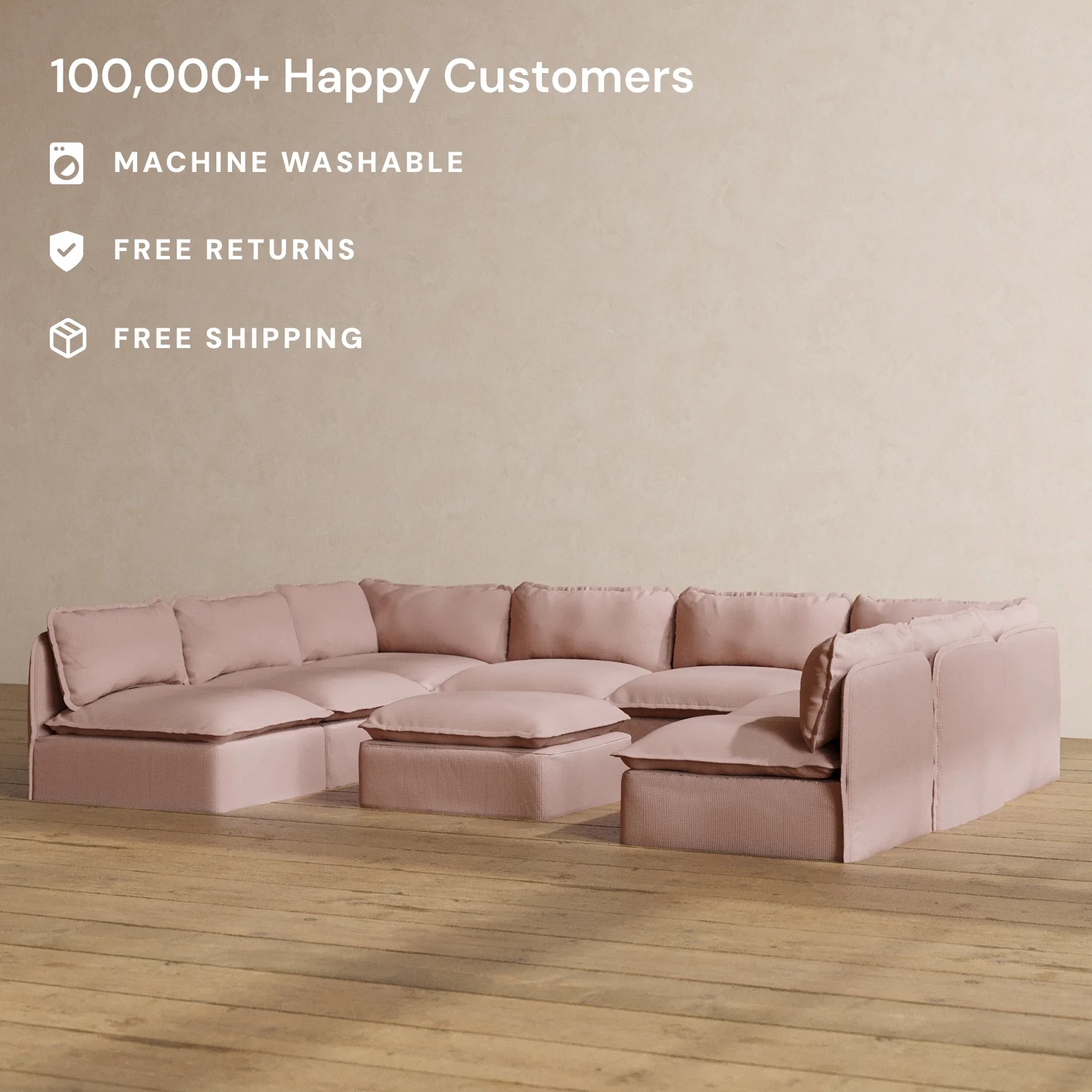 Modular Washable 8-Seater Open-Ends U-Sectional + Ottoman in Sakura | Deluxe+ Seat | Cloud Pillow - Image 2