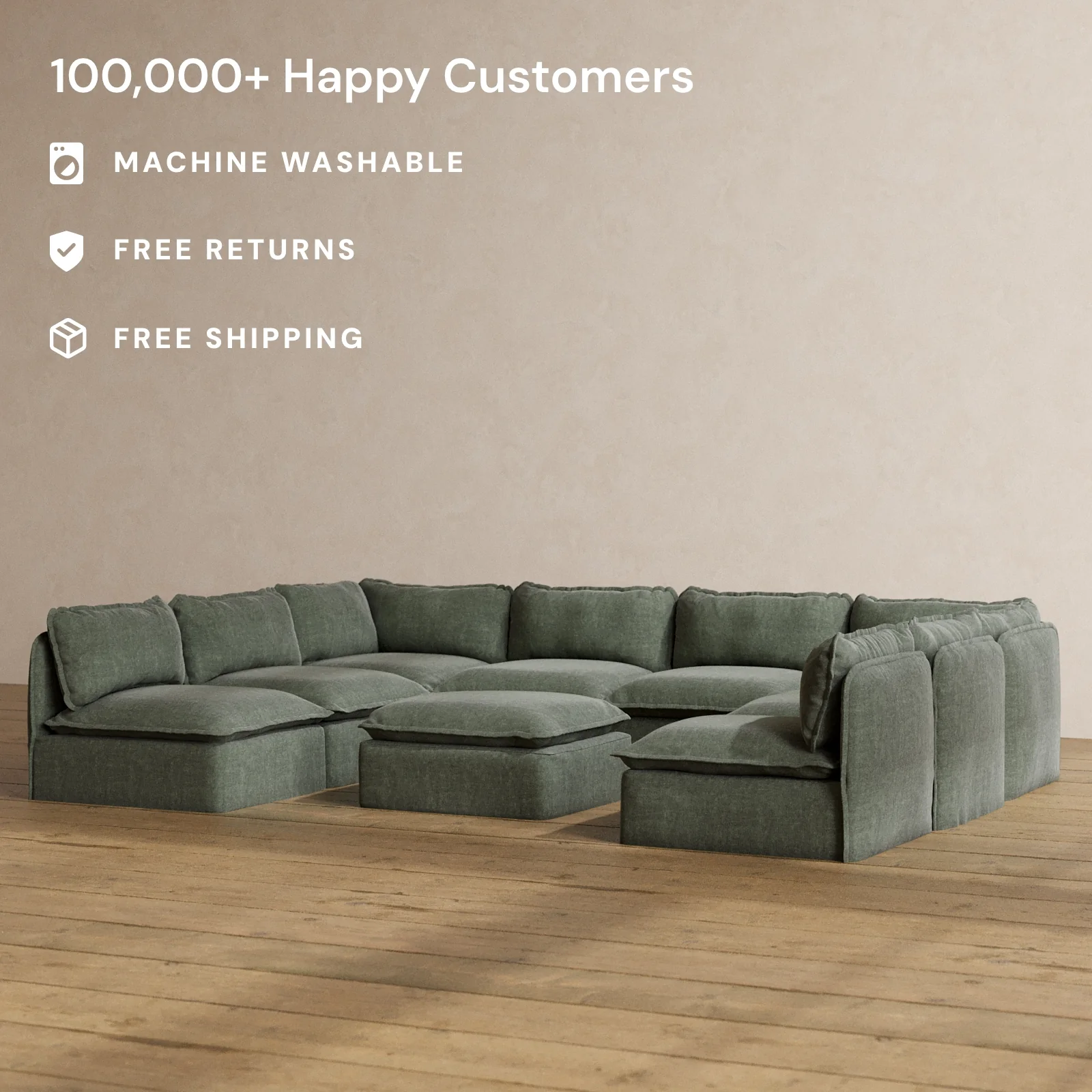 Modular Washable 8-Seater Open-Ends U-Sectional + Ottoman in Willow | Memorix+ Seat | Contour Pillow - Image 2