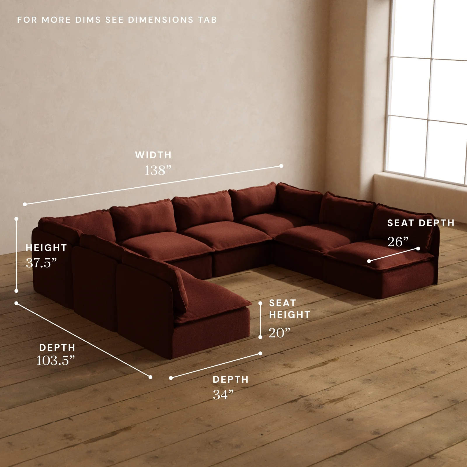 Modular Washable 8-Seater Open-Ends U-Sectional in Rust | Memorix+ Seat | Contour Pillow - Image 5
