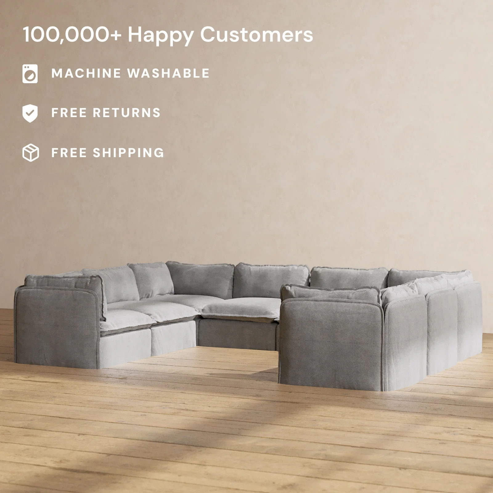 Modular Washable 8-Seater U-Sectional in Ash | Memorix+ Seat | Contour Pillow - Image 2
