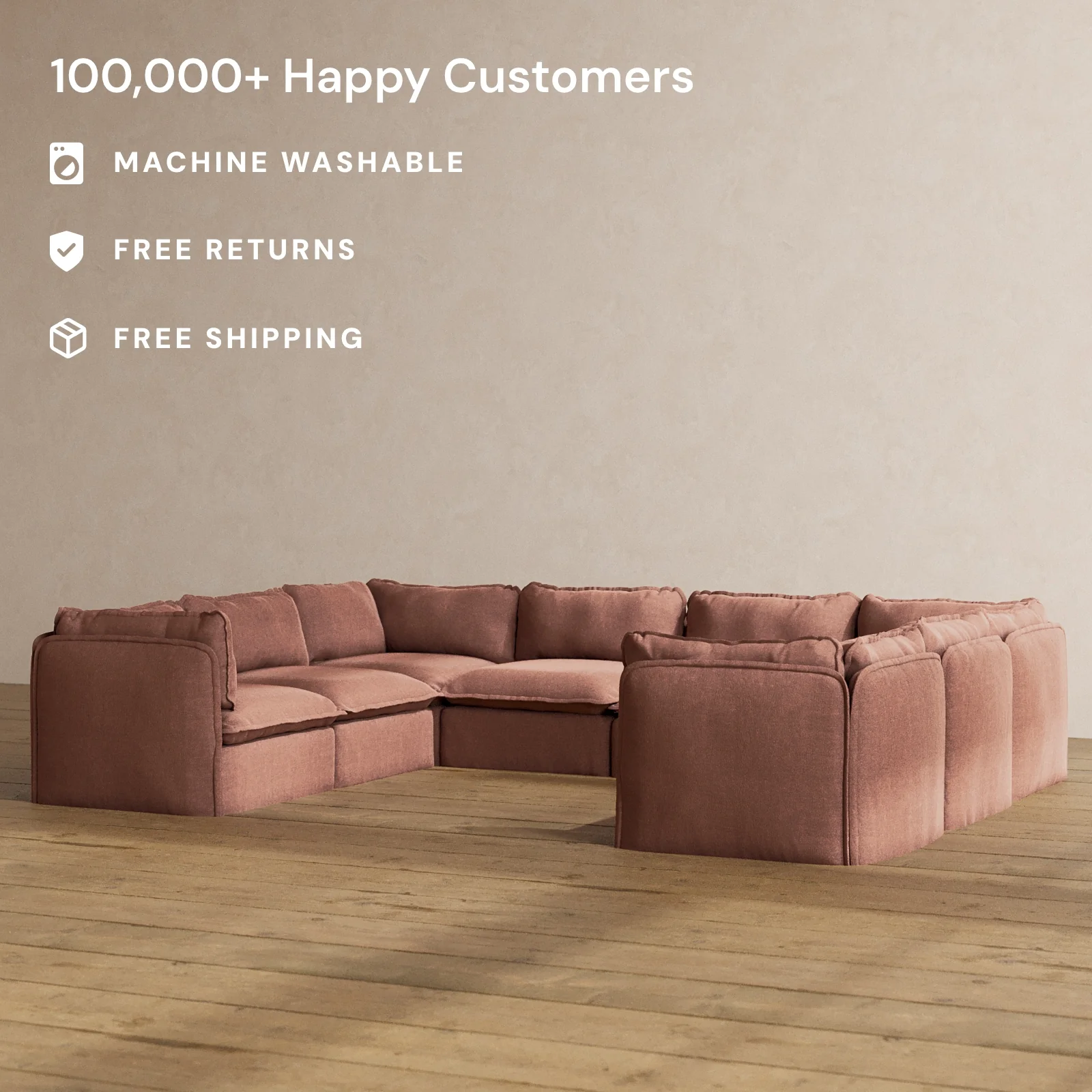 Modular Washable 8-Seater U-Sectional in Chestnut | Deluxe+ Seat | Cloud Pillow - Image 2