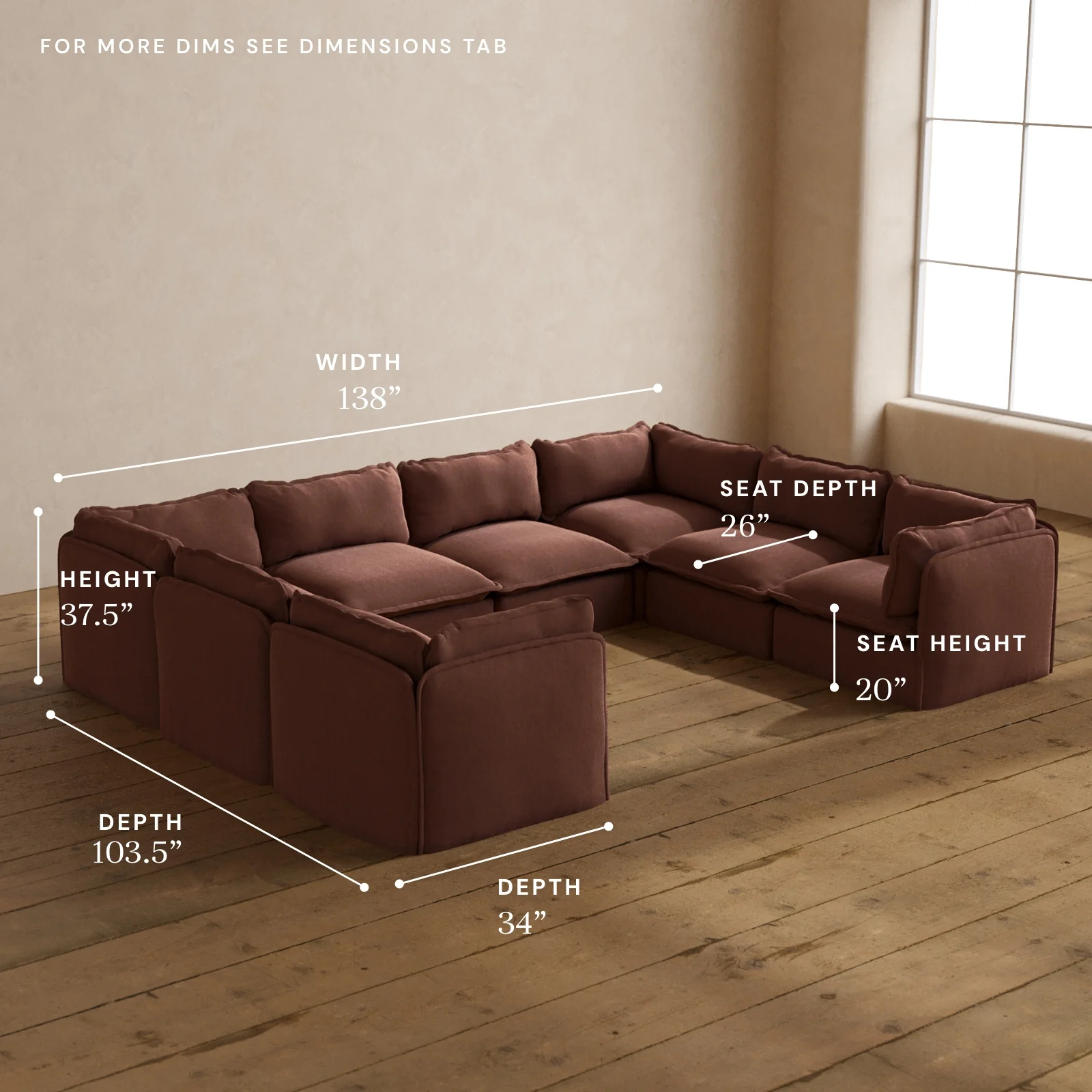 Modular Washable 8-Seater U-Sectional in Chestnut | Deluxe+ Seat | Cloud Pillow - Image 5