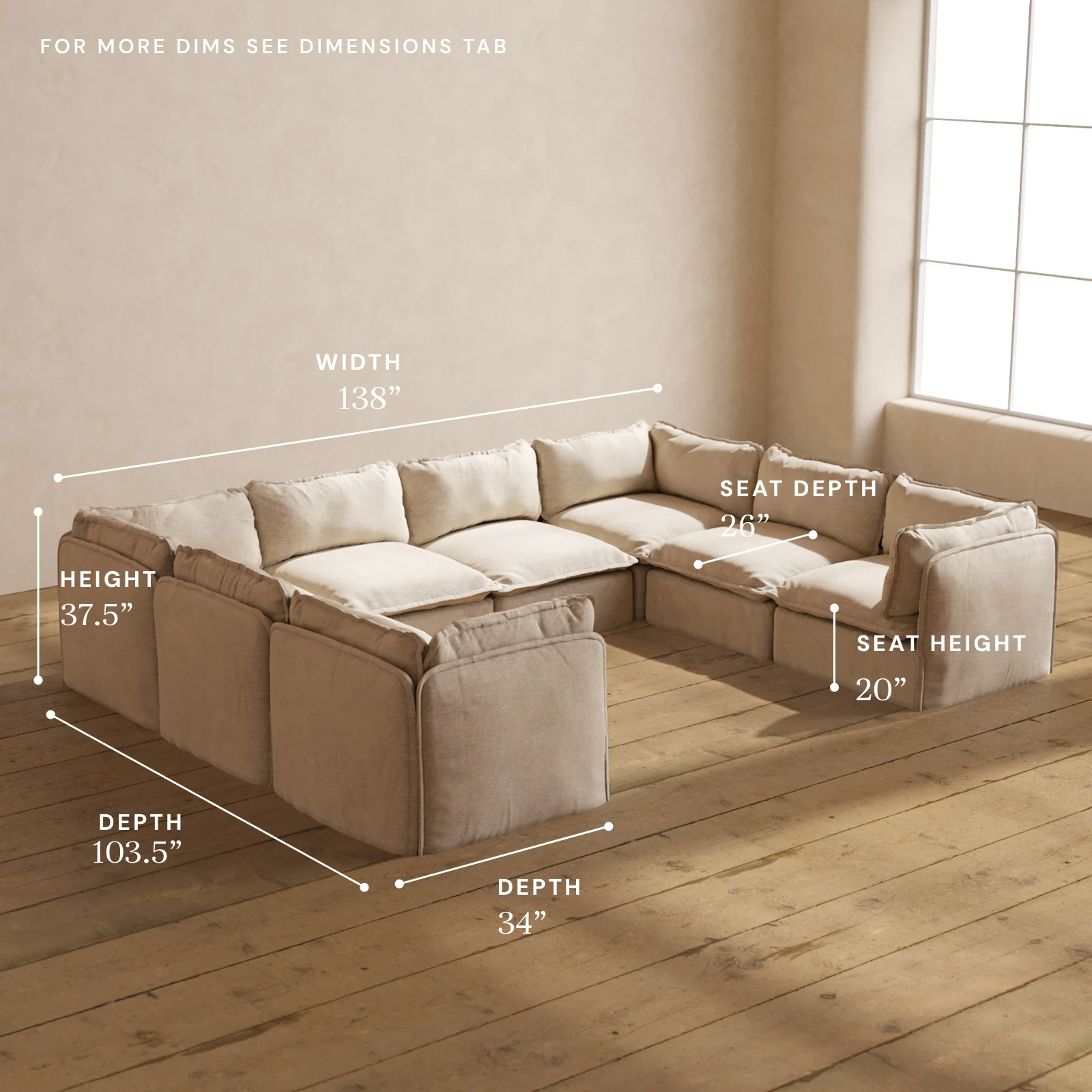Modular Washable 8-Seater U-Sectional in Oat | Memorix+ Seat | Contour Pillow - Image 5