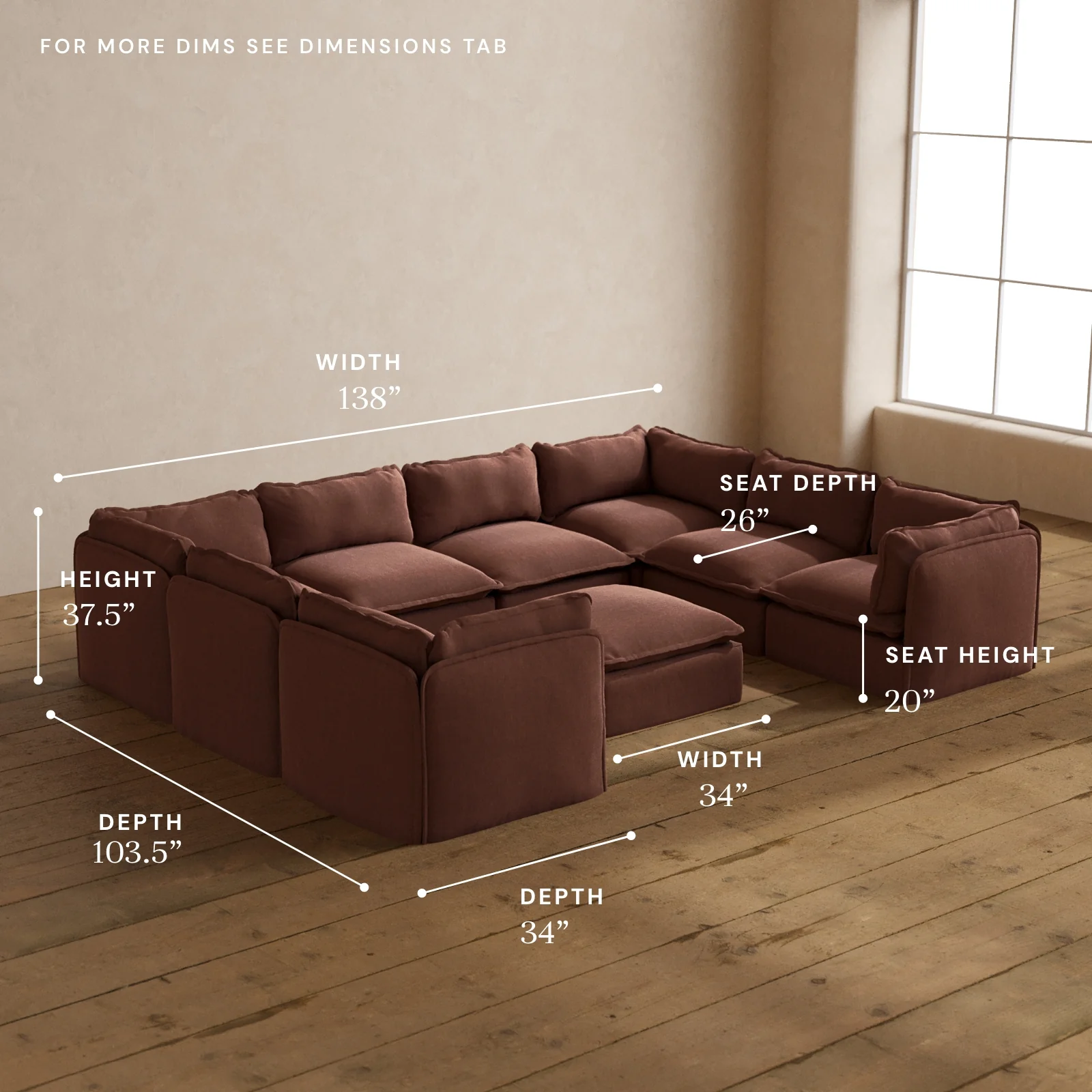 Modular Washable 8-Seater U-Sectional + Ottoman in Chestnut | Deluxe+ Seat | Cloud Pillow - Image 5