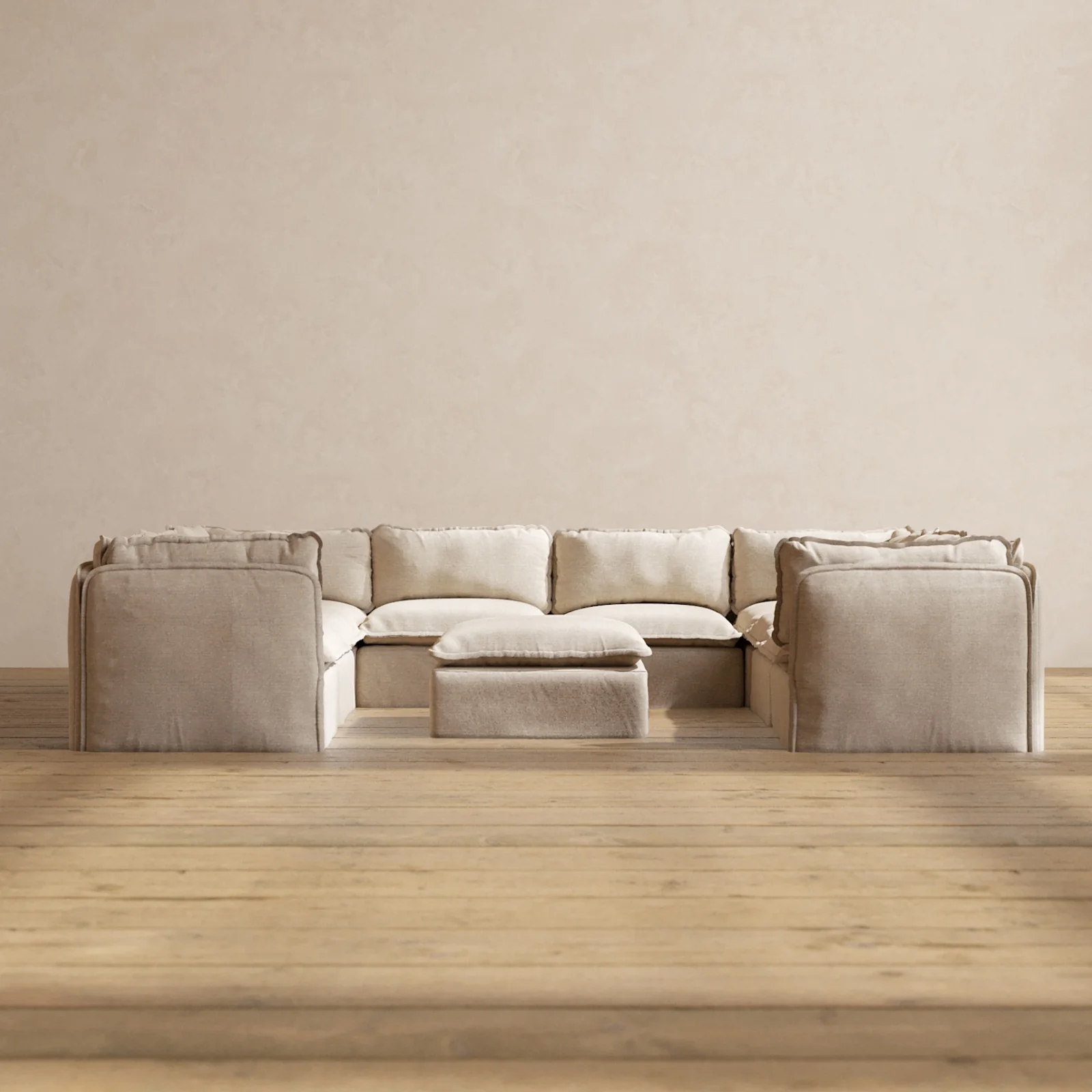 Modular Washable 8-Seater U-Sectional + Ottoman in Oat | Deluxe+ Seat | Cloud Pillow