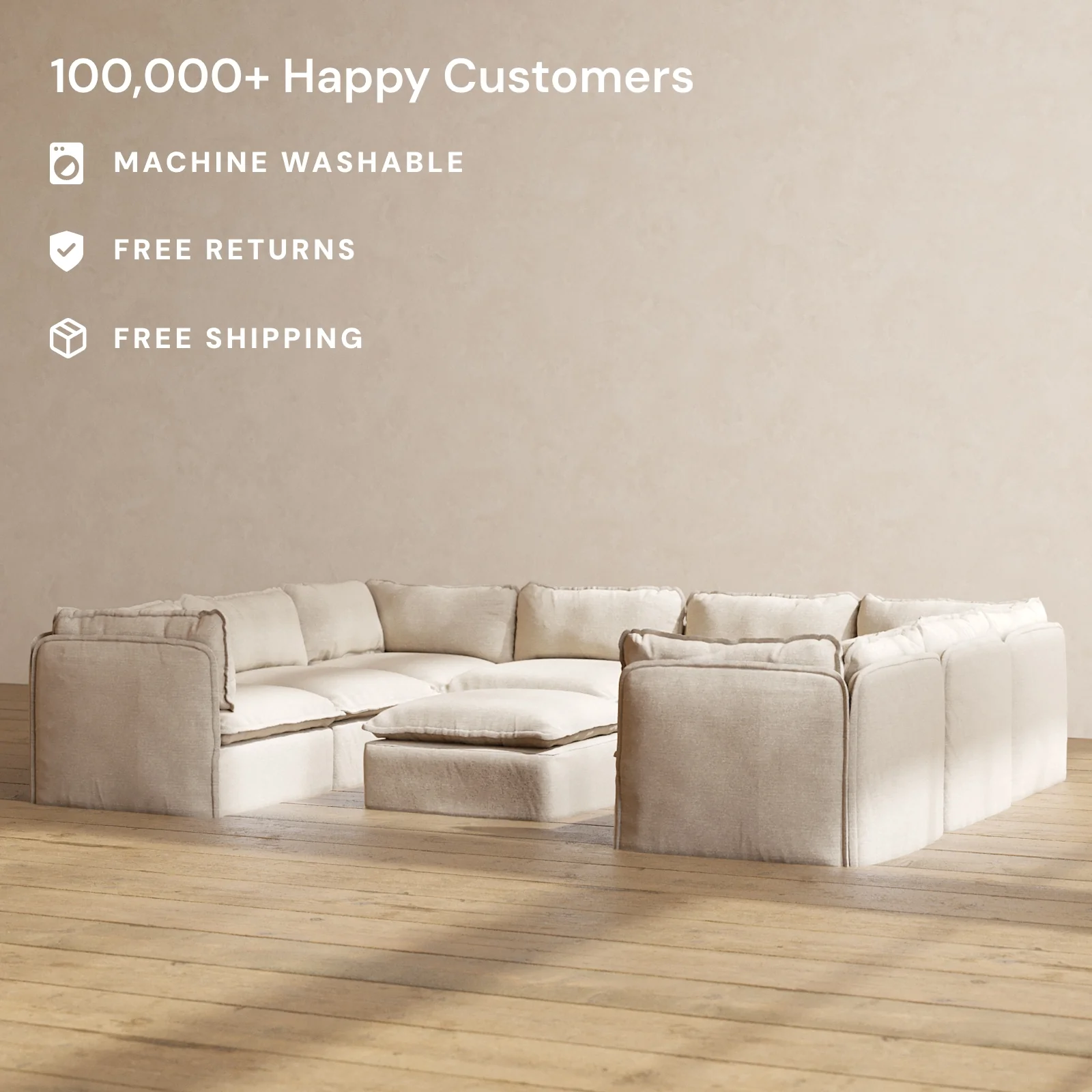 Modular Washable 8-Seater U-Sectional + Ottoman in Oat | Deluxe+ Seat | Cloud Pillow - Image 2
