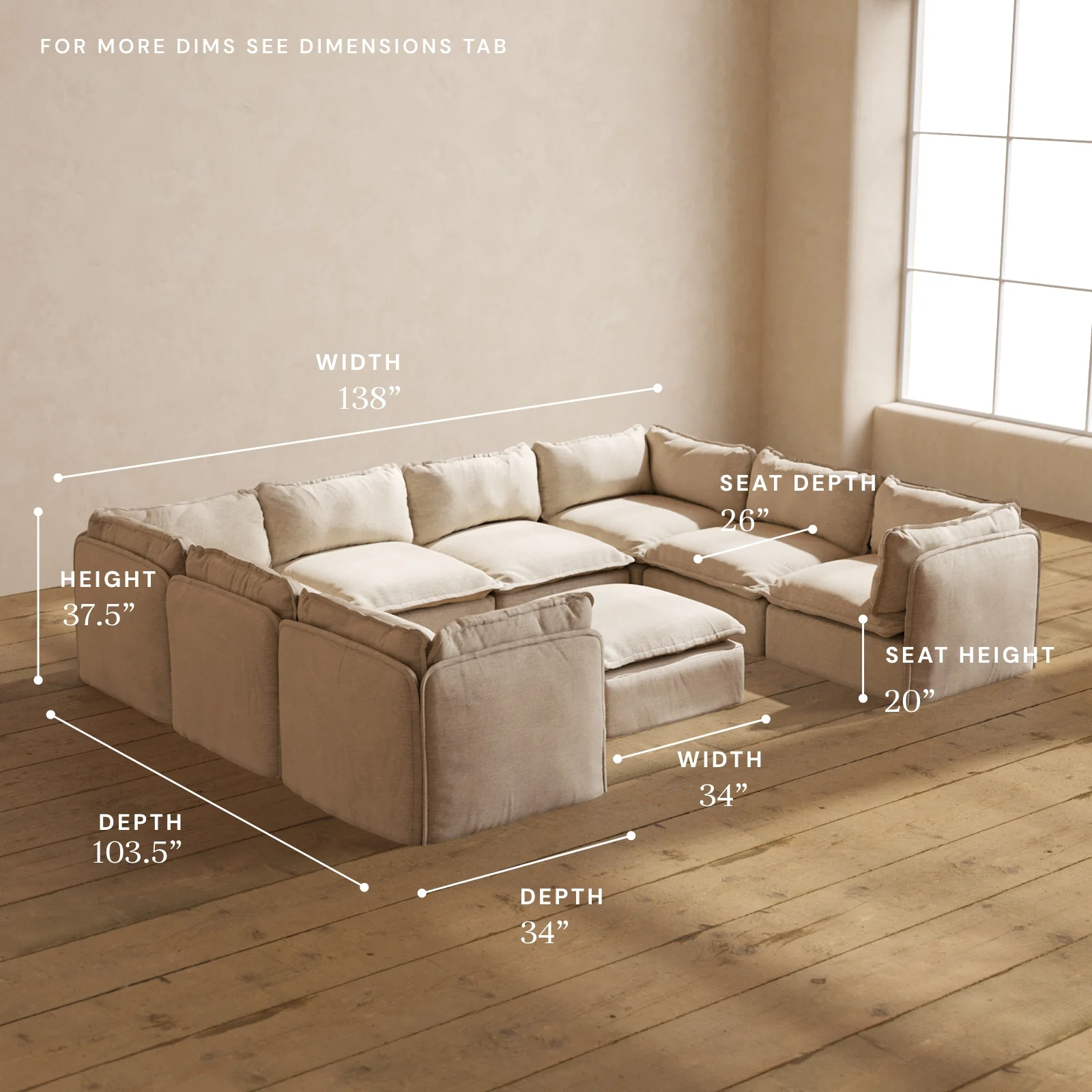 Modular Washable 8-Seater U-Sectional + Ottoman in Oat | Deluxe+ Seat | Cloud Pillow - Image 5