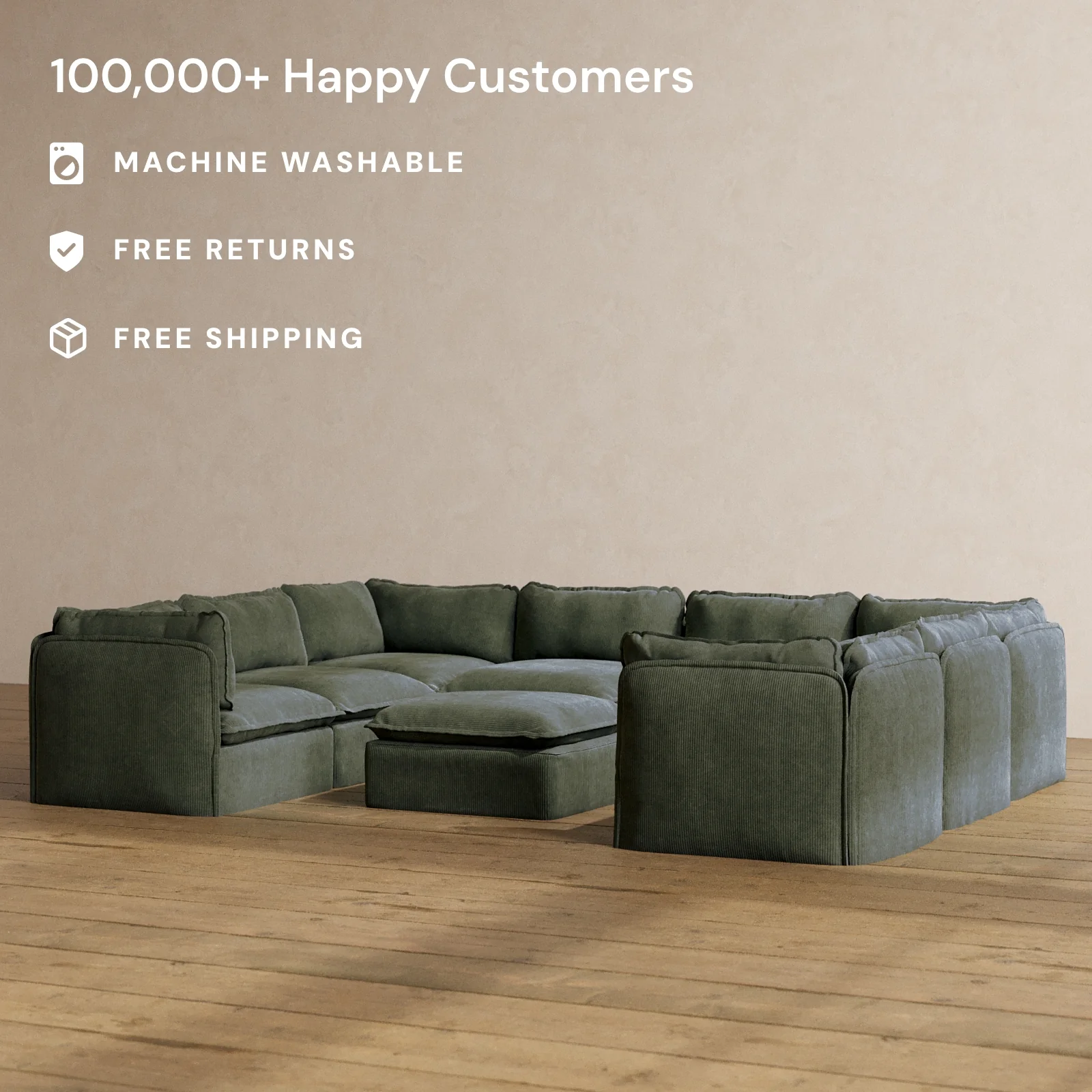 Modular Washable 8-Seater U-Sectional + Ottoman in Olivine | Deluxe+ Seat | Cloud Pillow - Image 2