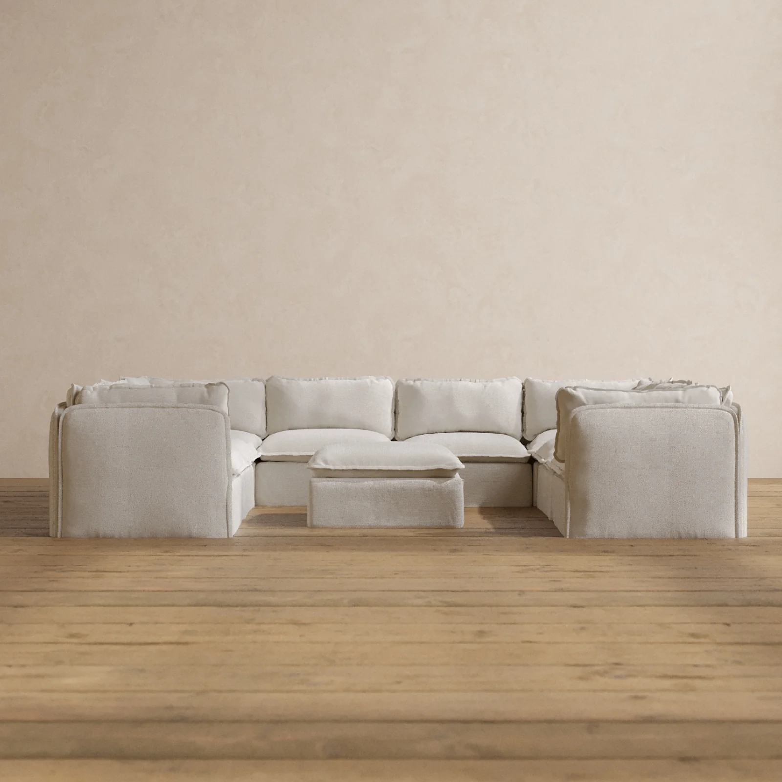 Modular Washable 8-Seater U-Sectional + Ottoman in Powder | Deluxe+ Seat | Cloud Pillow