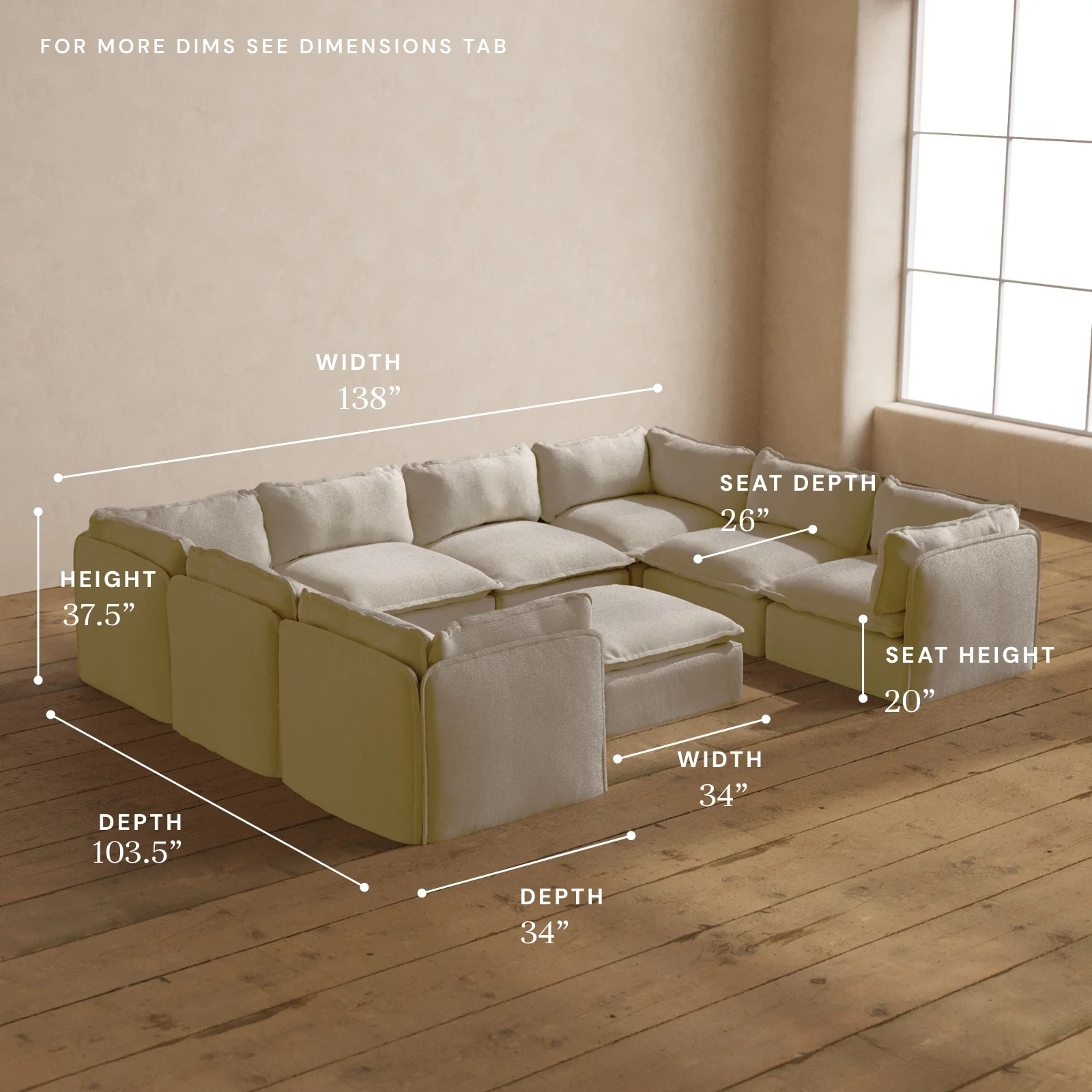 Modular Washable 8-Seater U-Sectional + Ottoman in Powder | Deluxe+ Seat | Cloud Pillow - Image 5