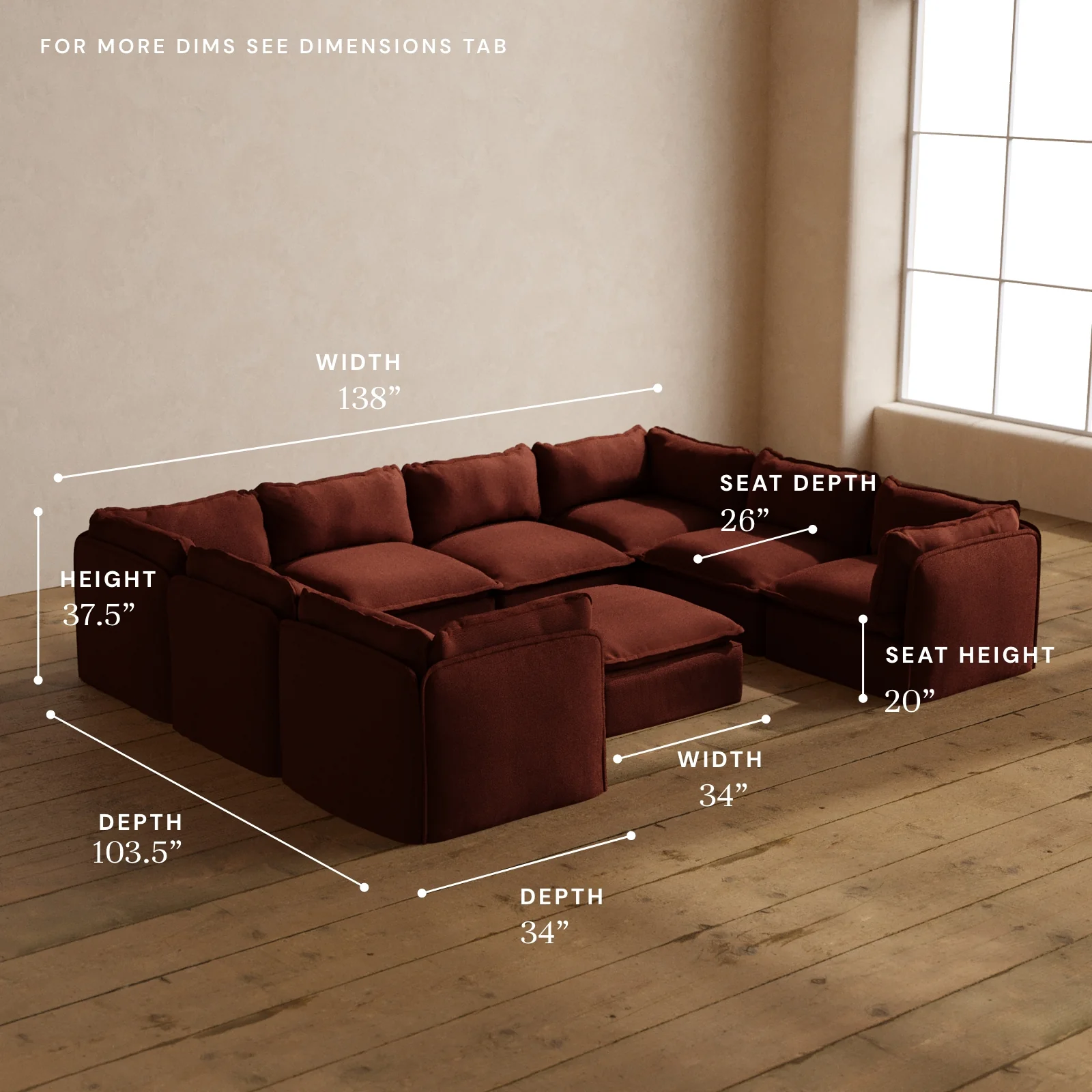Modular Washable 8-Seater U-Sectional + Ottoman in Rust | Memorix+ Seat | Contour Pillow - Image 5