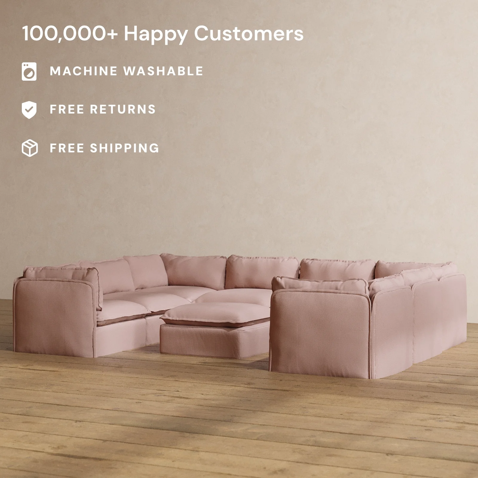 Modular Washable 8-Seater U-Sectional + Ottoman in Sakura | Deluxe+ Seat | Cloud Pillow - Image 2
