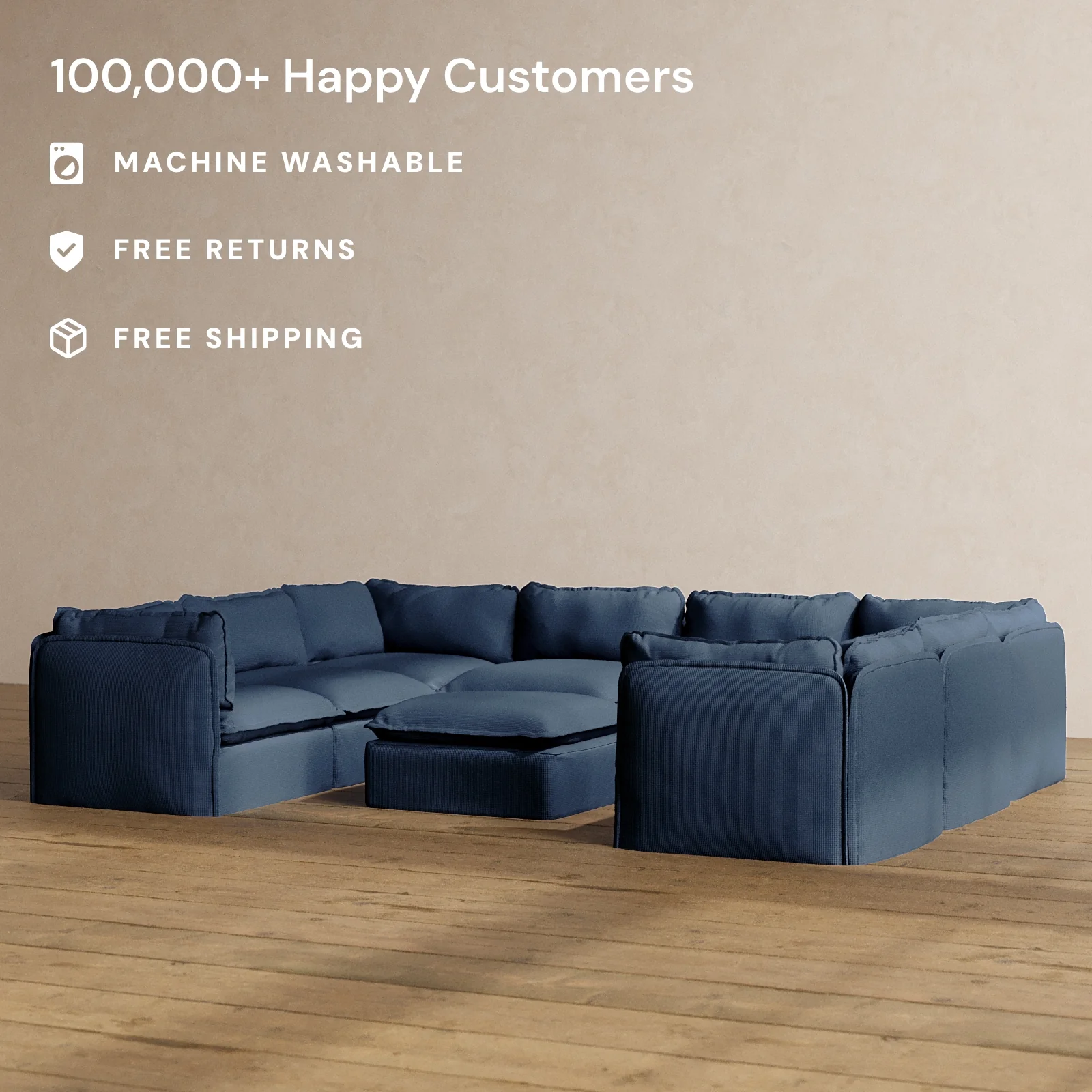 Modular Washable 8-Seater U-Sectional + Ottoman in Sumi | Deluxe+ Seat | Cloud Pillow - Image 2