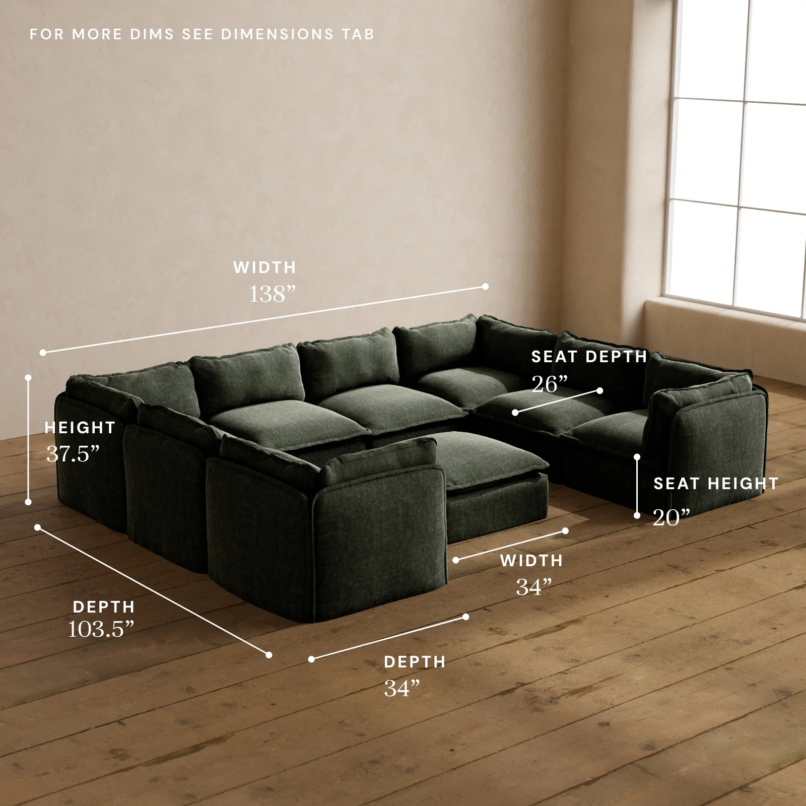 Modular Washable 8-Seater U-Sectional + Ottoman in Willow | Memorix+ Seat | Contour Pillow - Image 5