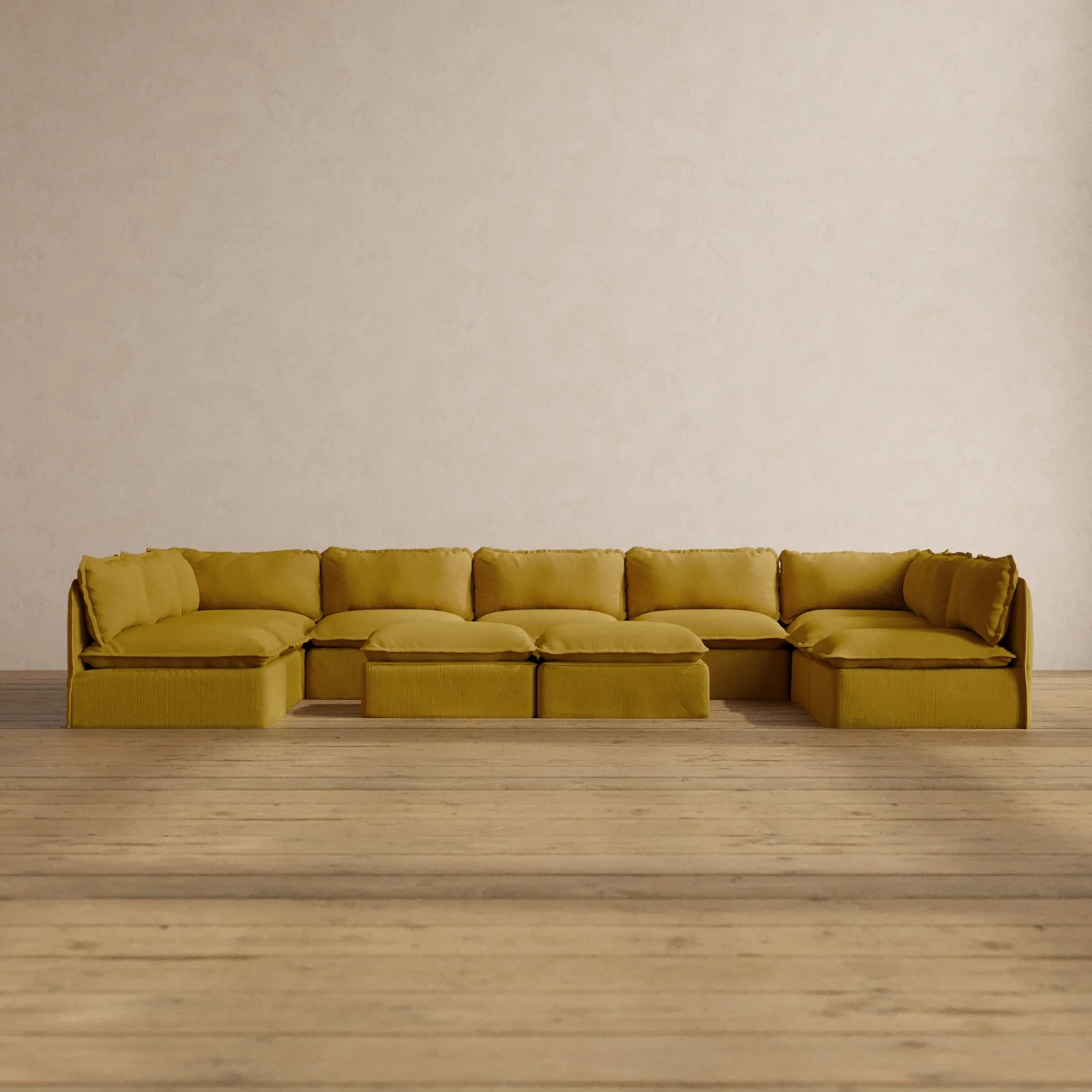 Modular Washable 9-Seater Open-Ends U-Sectional + Bench Ottoman in Kiiro | Deluxe+ Seat | Cloud Pillow