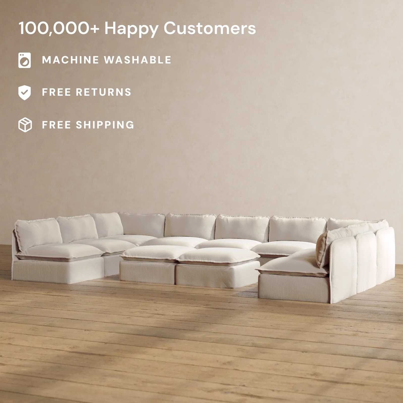 Modular Washable 9-Seater Open-Ends U-Sectional + Bench Ottoman in Milk | Deluxe+ Seat | Cloud Pillow - Image 2