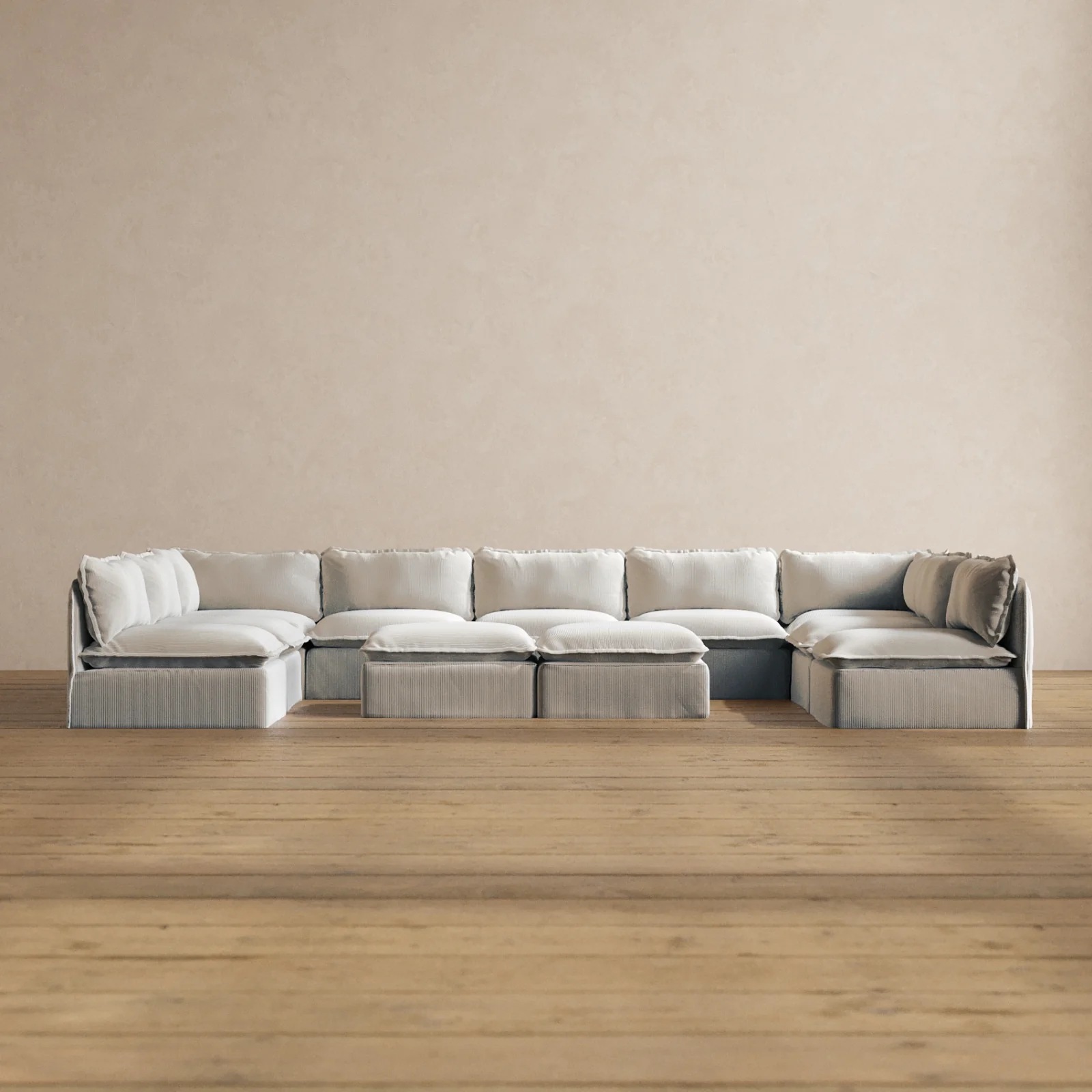 Modular Washable 9-Seater Open-Ends U-Sectional + Bench Ottoman in Milk | Memorix+ Seat | Contour Pillow