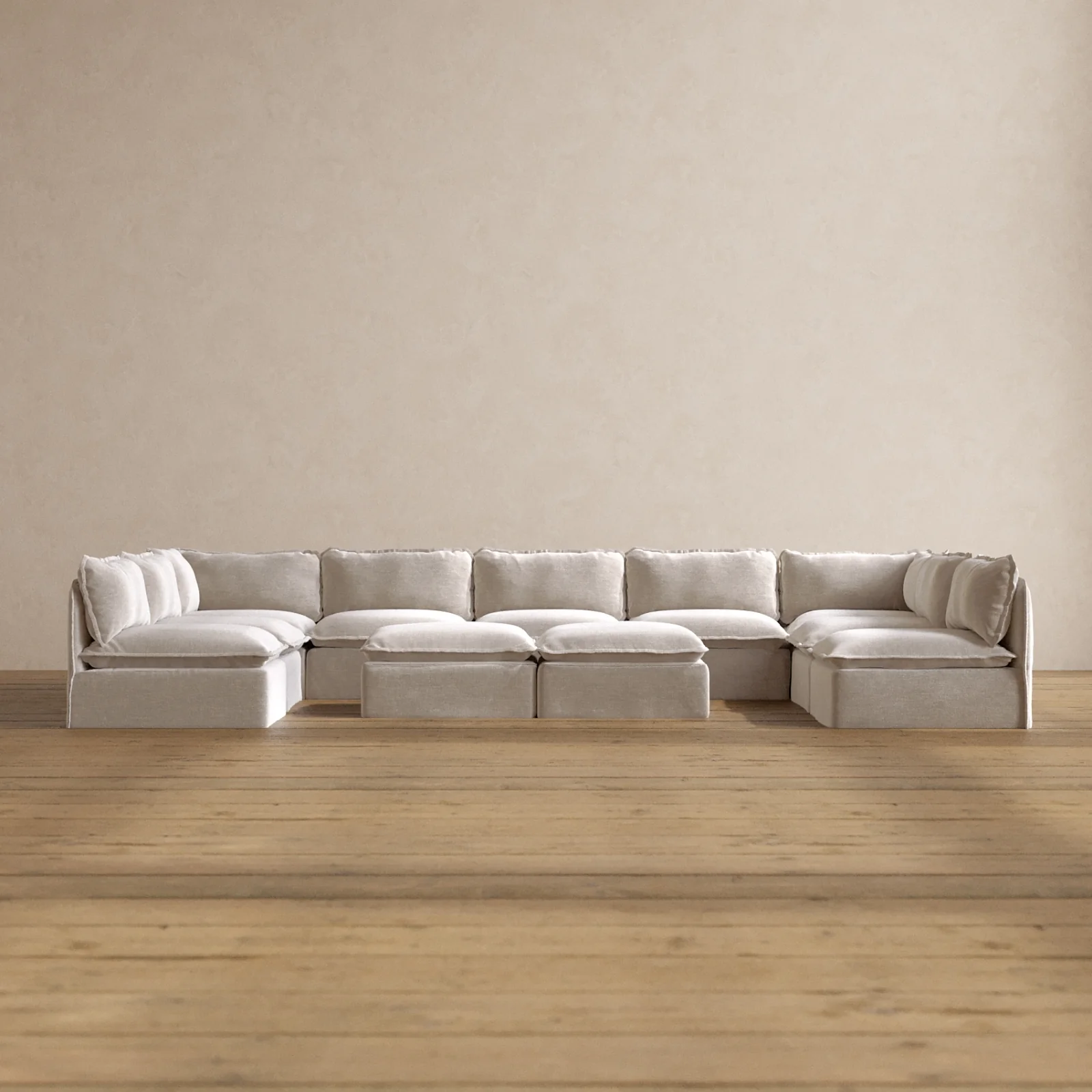 Modular Washable 9-Seater Open-Ends U-Sectional + Bench Ottoman in Mist | Memorix+ Seat | Contour Pillow