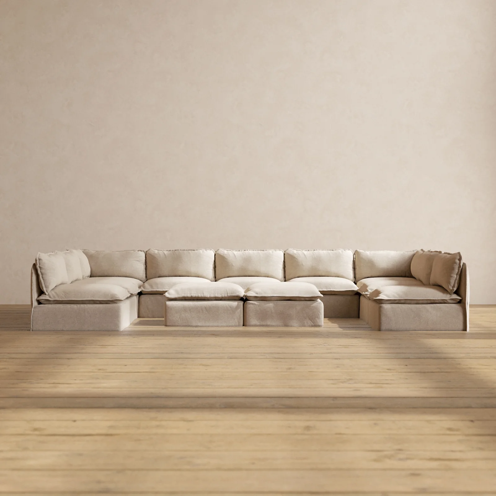 Modular Washable 9-Seater Open-Ends U-Sectional + Bench Ottoman in Oat | Deluxe+ Seat | Cloud Pillow