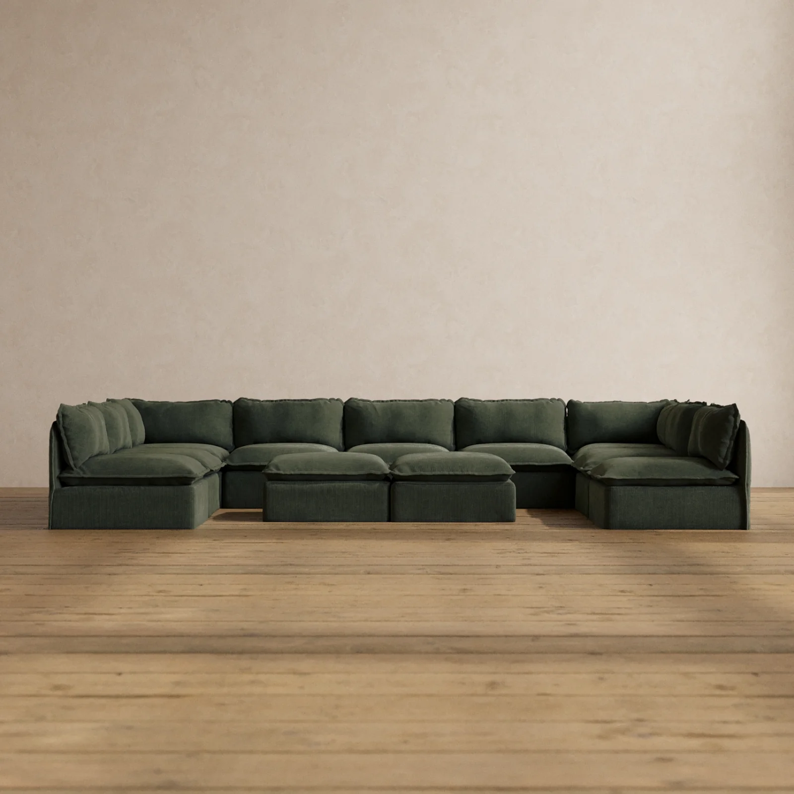 Modular Washable 9-Seater Open-Ends U-Sectional + Bench Ottoman in Olivine | Deluxe+ Seat | Cloud Pillow