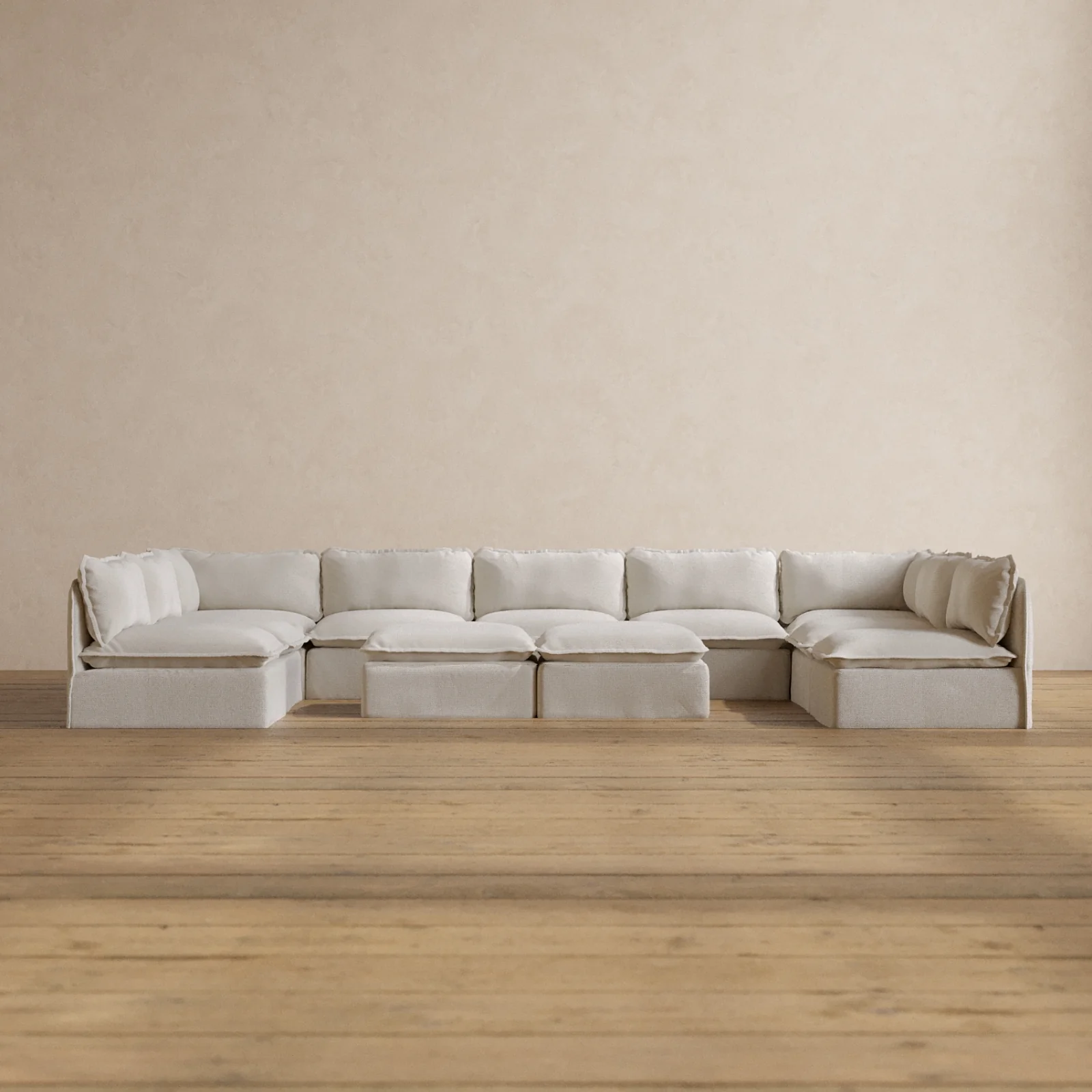 Modular Washable 9-Seater Open-Ends U-Sectional + Bench Ottoman in Powder | Memorix+ Seat | Contour Pillow